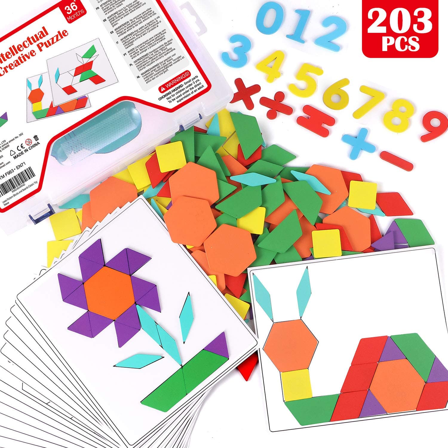 Lewo 203 PCS Pattern Blocks Set Activity Cards Wooden Geometric Shape Puzzle Classic Early Educational Toys Tangram for Kids with 15 Double-Sided Pattern Cards