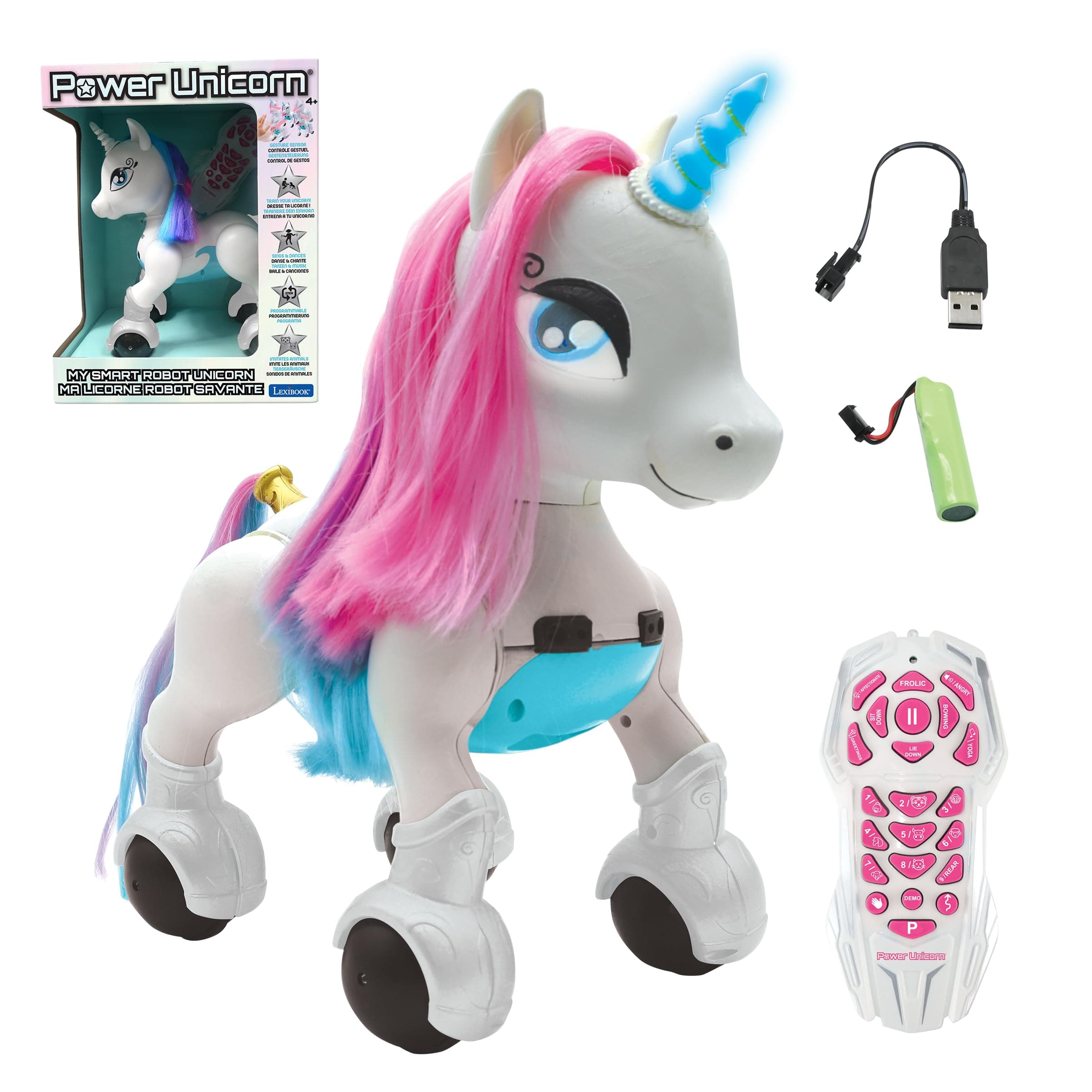 LEXiBOOK Power Unicorn®- My First Smart Unicorn to Train, programmable with Remote Control, Training and Gesture Control Function, Dance, Music, Light Effects, Rechargeable - UNI01