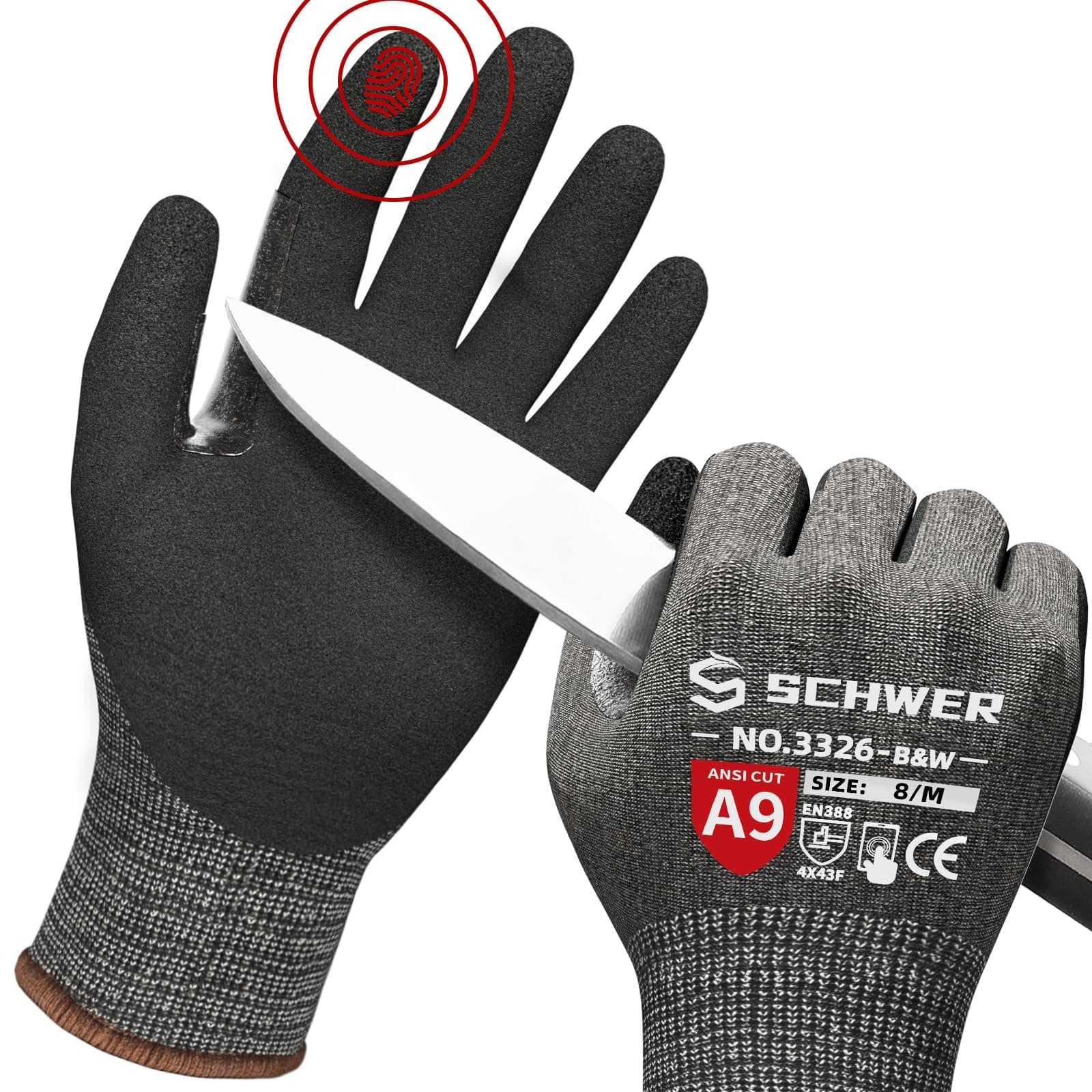 Schwer ProGuard High Level Cut Resistant Work Gloves PR3326 for Extreme Protection，ANSI A9 Cut Gloves with Reinforced Thumb, Non Slip, Durable, Touch-screen, Black 120 Pairs, M