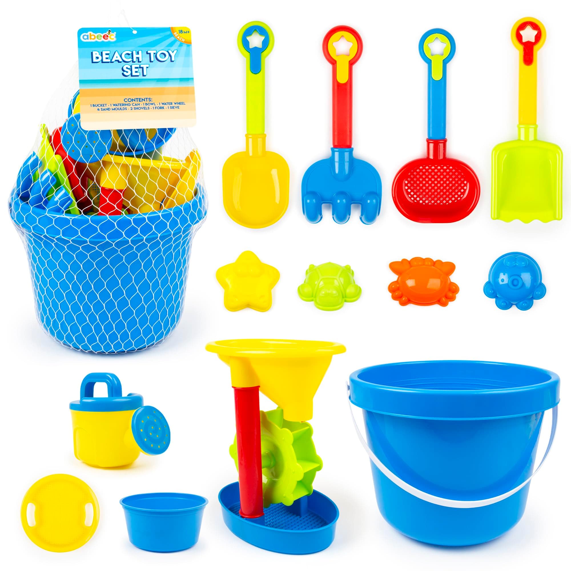 Abeec Beach Bucket Set - 13pc Sand & Water Play Bundle with Shovels, Molds, Bowl, Wheel, Can for Kids' Outdoor Activities
