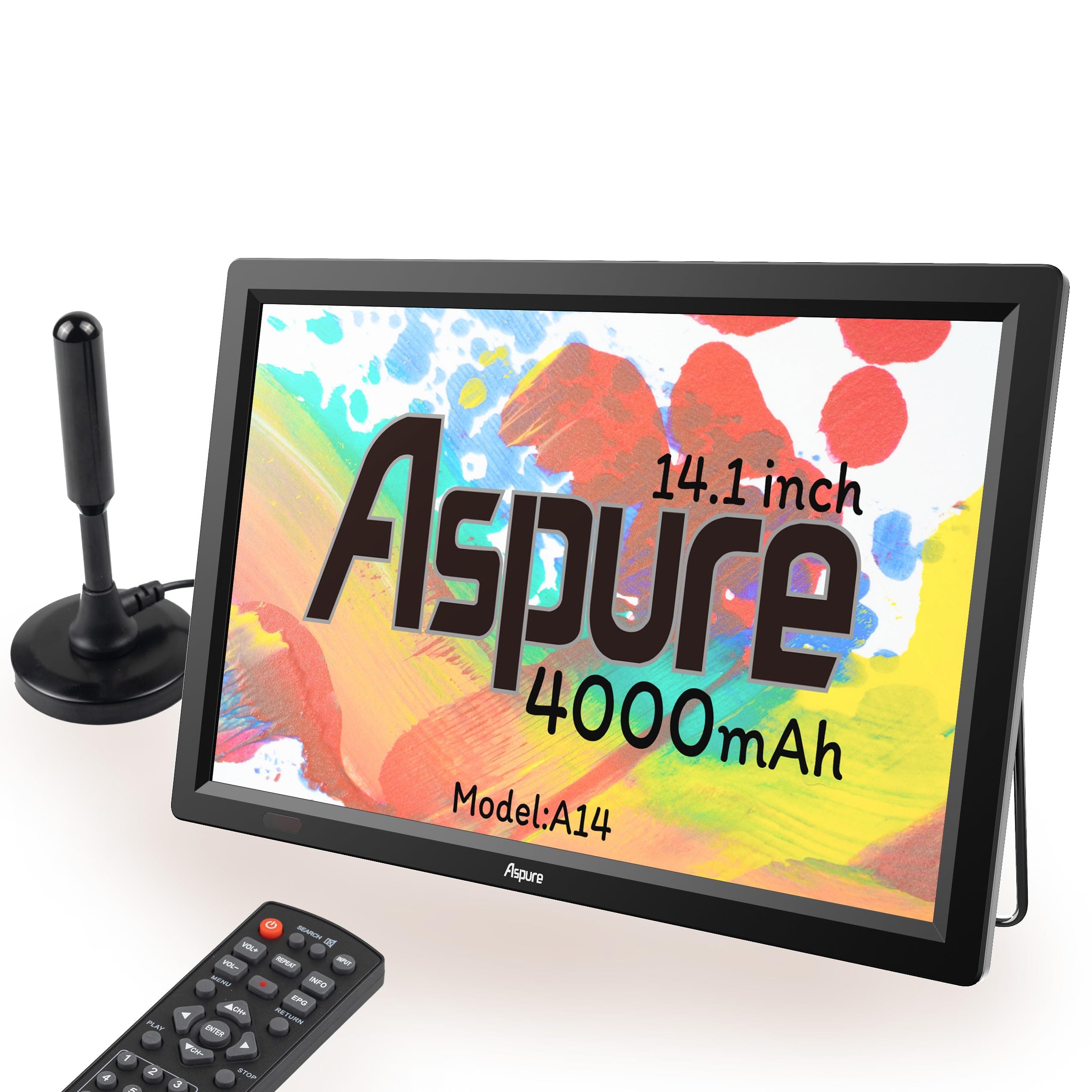 ASPURE 14 Inch Portable Digital DVB-T2 TFT HD Screen Freeview LED TV for Car,Caravan,Camping,Outdoor,Kitchen.Built-in 4000mAh Battery Television/Monitor with Multimedia Player FM function USB card
