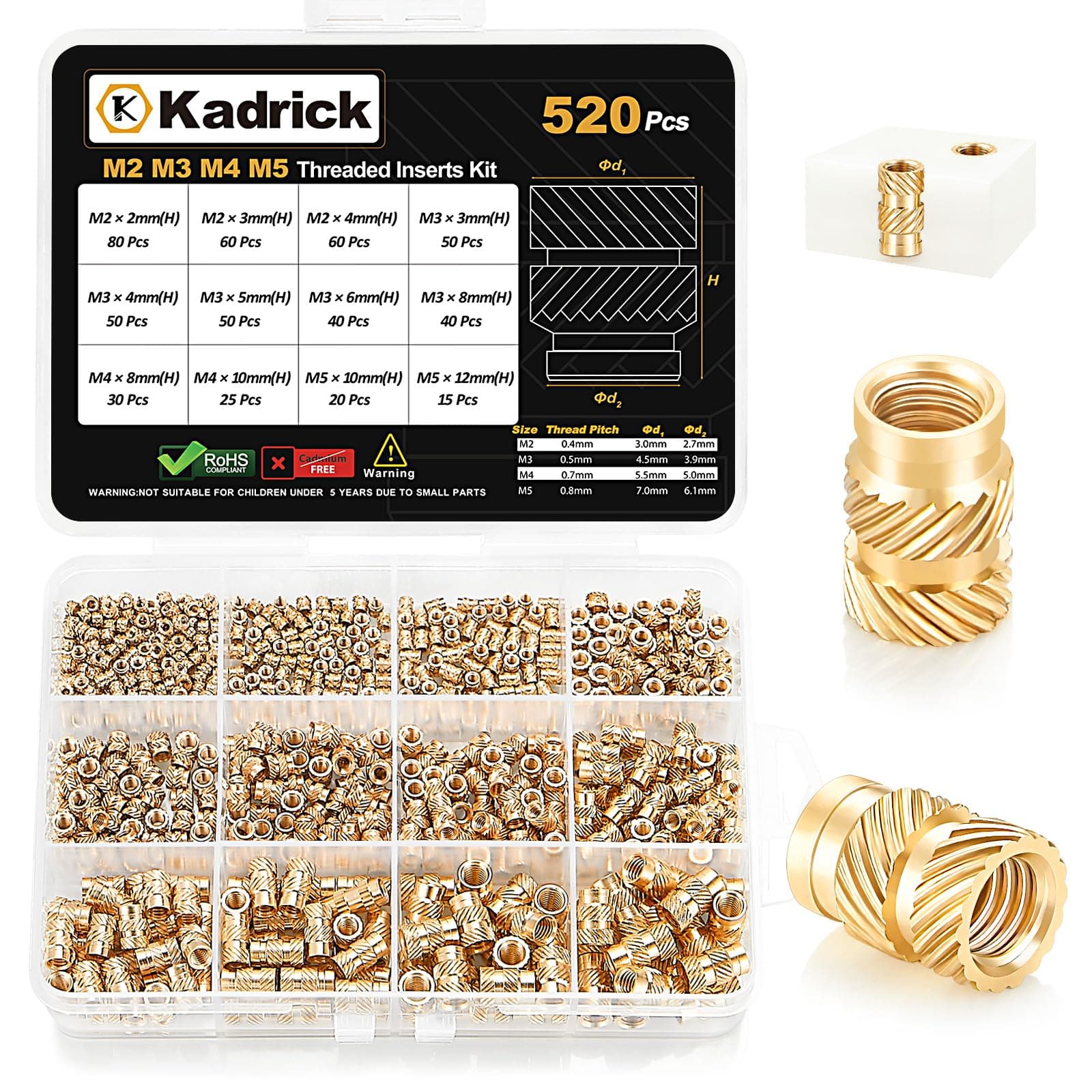 Kadrick 520Pcs M2 M3 M4 M5 Threaded Inserts Assortment Kit for 3D Printing Components, Metric Brass Knurled Nuts, Insert by Heat into Plastic Parts