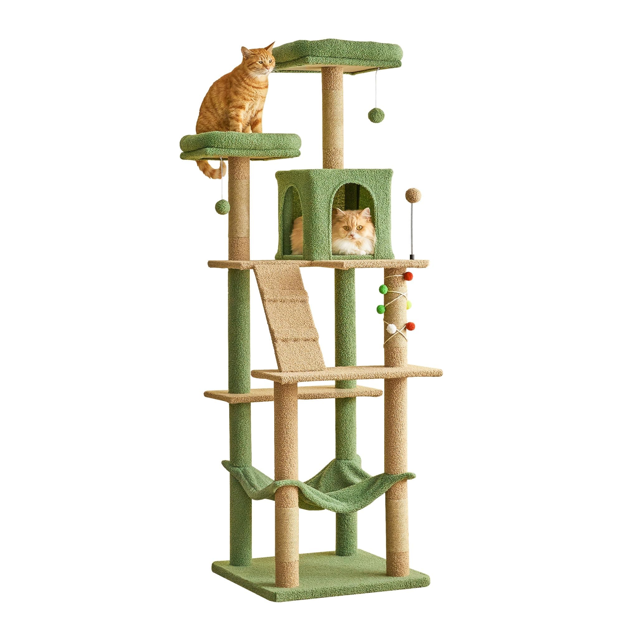 MWPO 70.1-Inch Green Large Cat Tree, Multi-Level Tall Cat Tower for Indoor Cats, Plush Cat Condo with Big Padded Perches, Sisal-Covered Scratching Posts, Hammock, Toys for Kittens & Cats