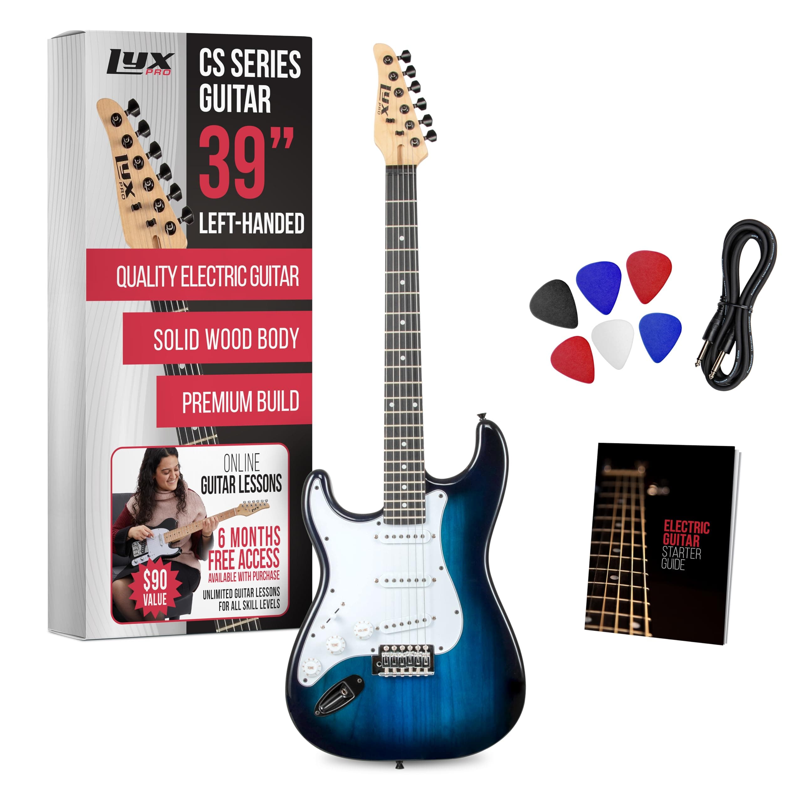 LyxPro CS 39” Left Hand Electric Guitar Kit for Beginner, Intermediate & Pro Players with Guitar, Amp Cable, 6 Picks & Learner’s Guide, Solid Wood Body, Volume/Tone Controls, 5-Way Pickup - Blue
