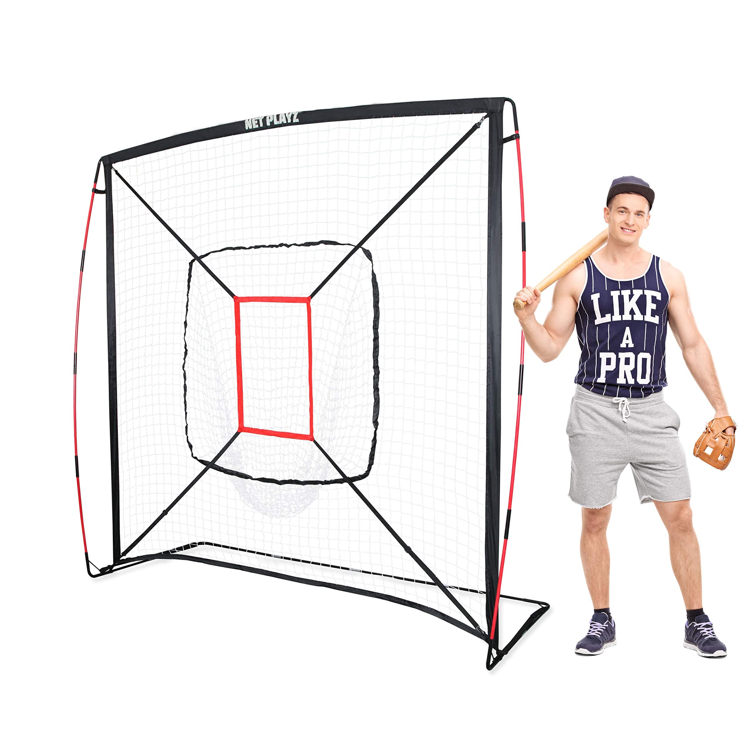 NET PLAYZ7' x 7' Baseball & Softball Practice Hitting & Pitching Net Similar to Bow Frame, Great for All Skill Levels, Pop up/Easy Fold up/Fiberglass Frame, Light Weight, Portable, Black (NOC05140)