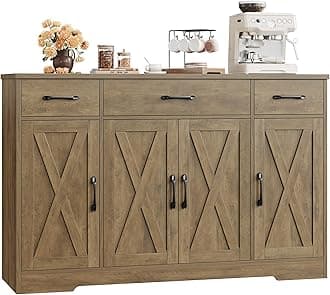 HOSTACK Buffet Sideboard Cabinet with Drawers, 55" Large Buffet Storage Cabinet with Shelves and Doors, Modern Farmhouse Coffee Bar Station Wood Kitchen Table for Kitchen, Dining Room, Rustic Brown