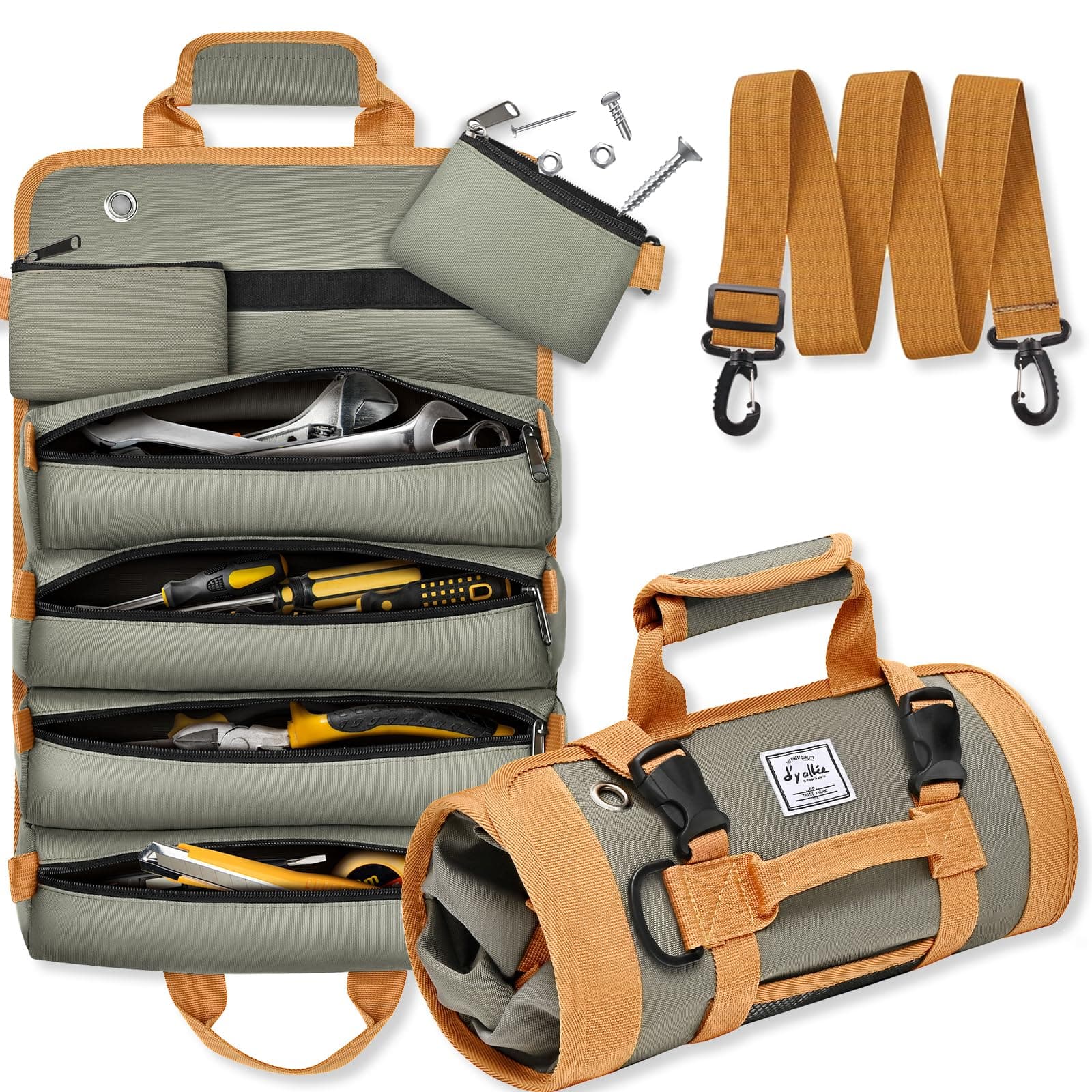 Tool Bag Roll Up, Heavy Duty Tool Roll Bag Organizer for Men with Detachable Pouches - Gifts for Dad Tool Roll Organizer, Waterproof Tool Storage for Motorcycle, Truck, Electrician, Mechanics
