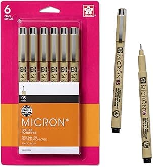 SAKURA Pigma Micron Fineliner Pens, 05 Tip Size, Archival Black Ink, 6PK 50038