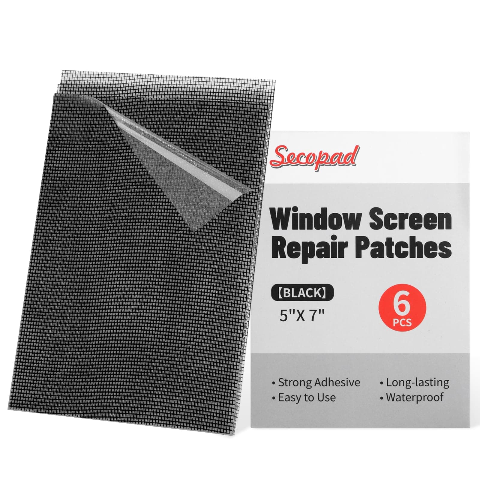 Secopad 5" x 7" Black/Grey Screen Repair Kit, 6 PCS Window Screen Patch Repair Tape for Mesh Window Door, Strong Adhesive Fiberglass Mesh Pacth Tape