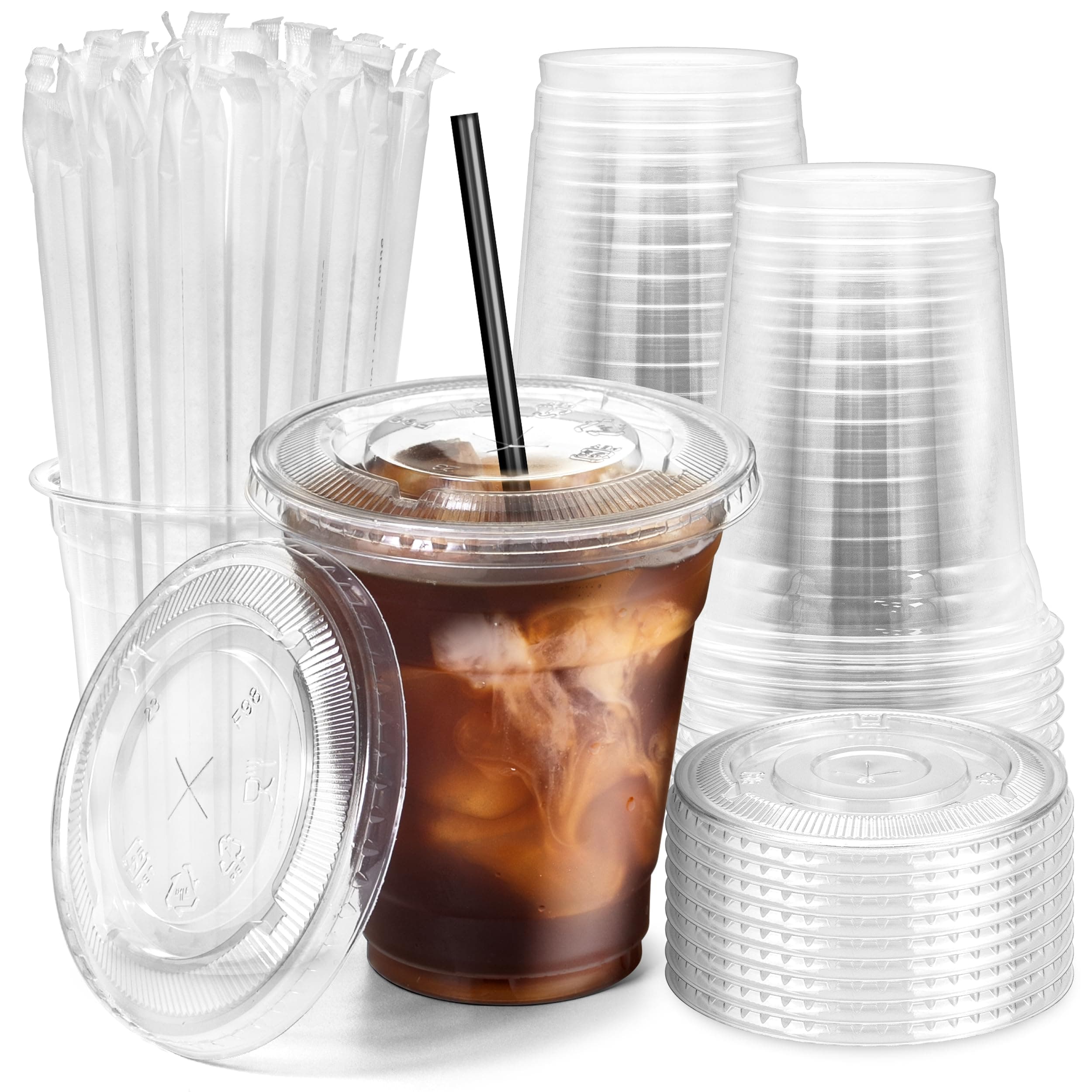Fit Meal Prep 100 Pack 12 oz Plastic Iced Coffee Cups with Flat Lids and Black Straws, Disposable Clear Cup, BPA Free Cup for Party, Smoothie, Cold Drinks, Juice, Milkshake, Bubble Boba, Tea