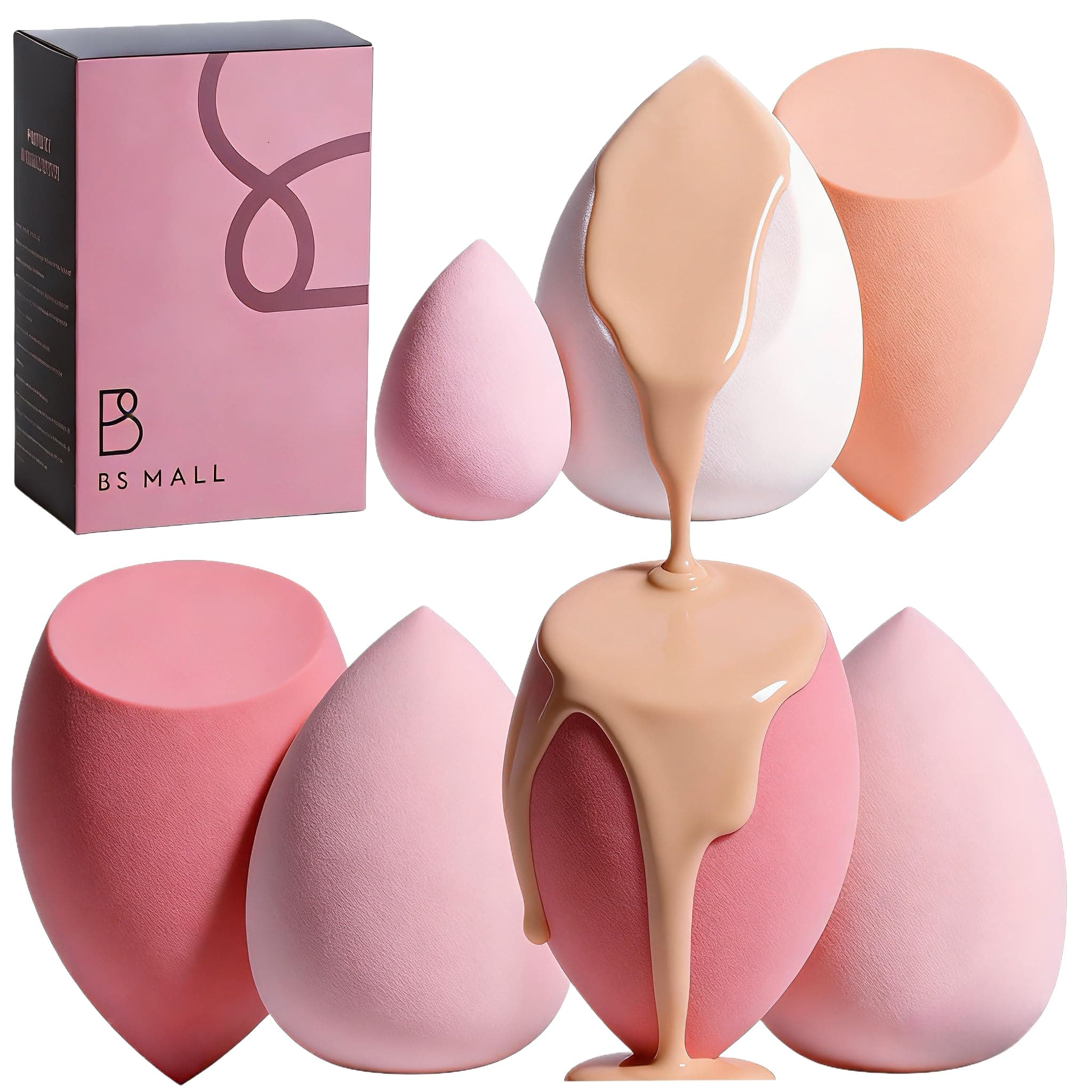 Makeup Sponge Set BS-MALL with Storage Case 7 Pcs for Liquid, Cream, and Powder,SAVE Foundation with 1 Mini Makeup Sponge For Travel Daily Use (A-Pink)