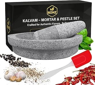 NOMZ Stone Mortar and Pestle Set (Kalvam) 10 Inch Boat Shape, 4.8 Kg, 2 Cup | Handmade Silbatta for Chutney and Masala | Heavy Duty Khalbatta with Anti-Skid Base