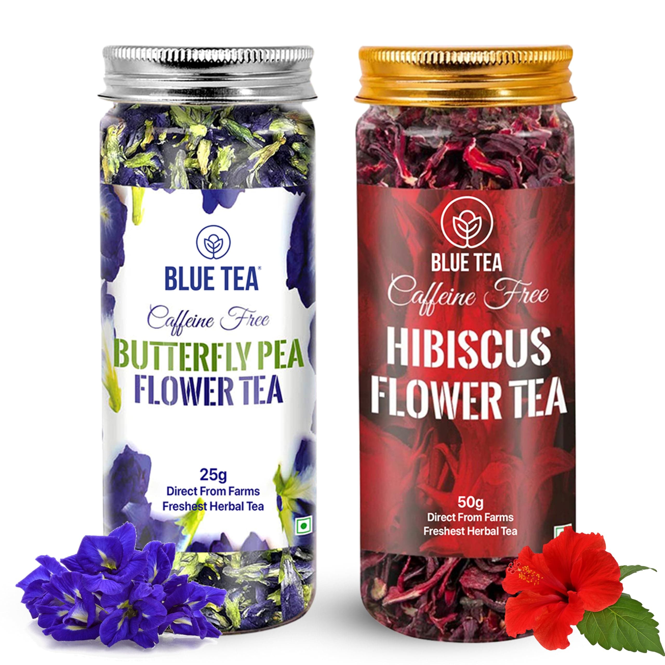 BLUE TEA - Combo Pack, Blue Tea Butterfly Pea Flower Tea (0.88 Oz) and Hibiscus Flower Tea (1.76 Oz) ll FARM PACKED ll Caffeine Free Herbal Tea - Gluten Free - GMO Free
