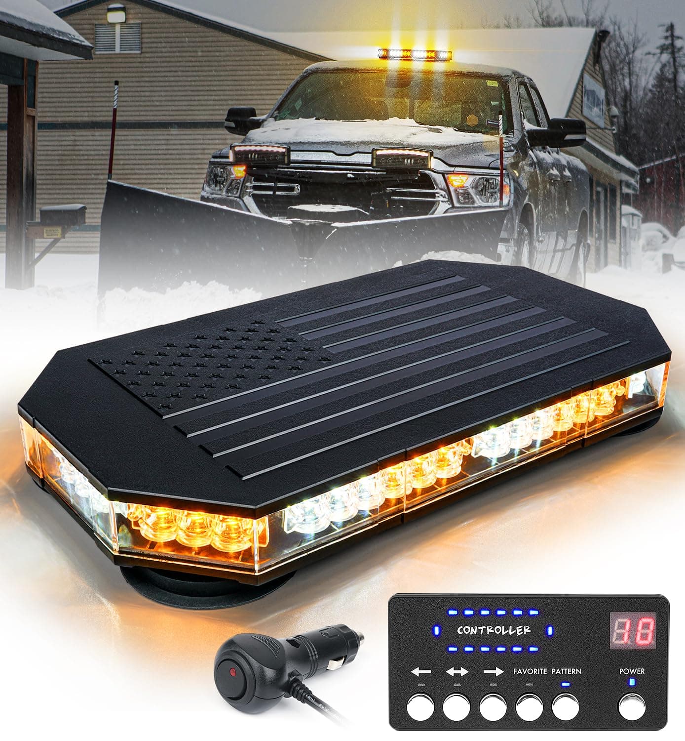 LUMENIX Rooftop Strobe Beacon Lights Bar w/Controller, American Flag Pattern White Amber LED Emergency Warning Traffic Flashing Light for Construction Vehicles Work Trucks Snowplow (Patented Design)