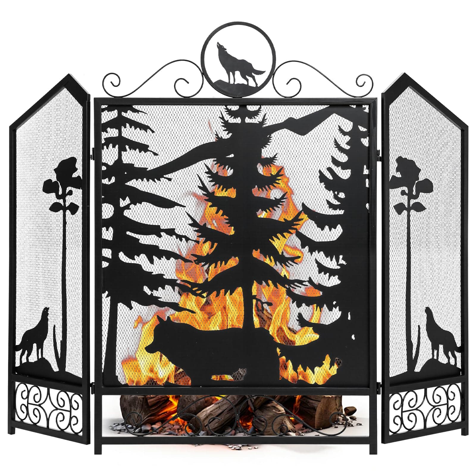 WICHEMI Fireplace Screen 3 Panel Fireplace Screens for Fireplace 44 x 33.5 Inch Metal Fireguards Mesh Cover Baby Safe Proof Fence Spark Guard Cover Wrought Iron Fire Place Standing Gate (Style 5)