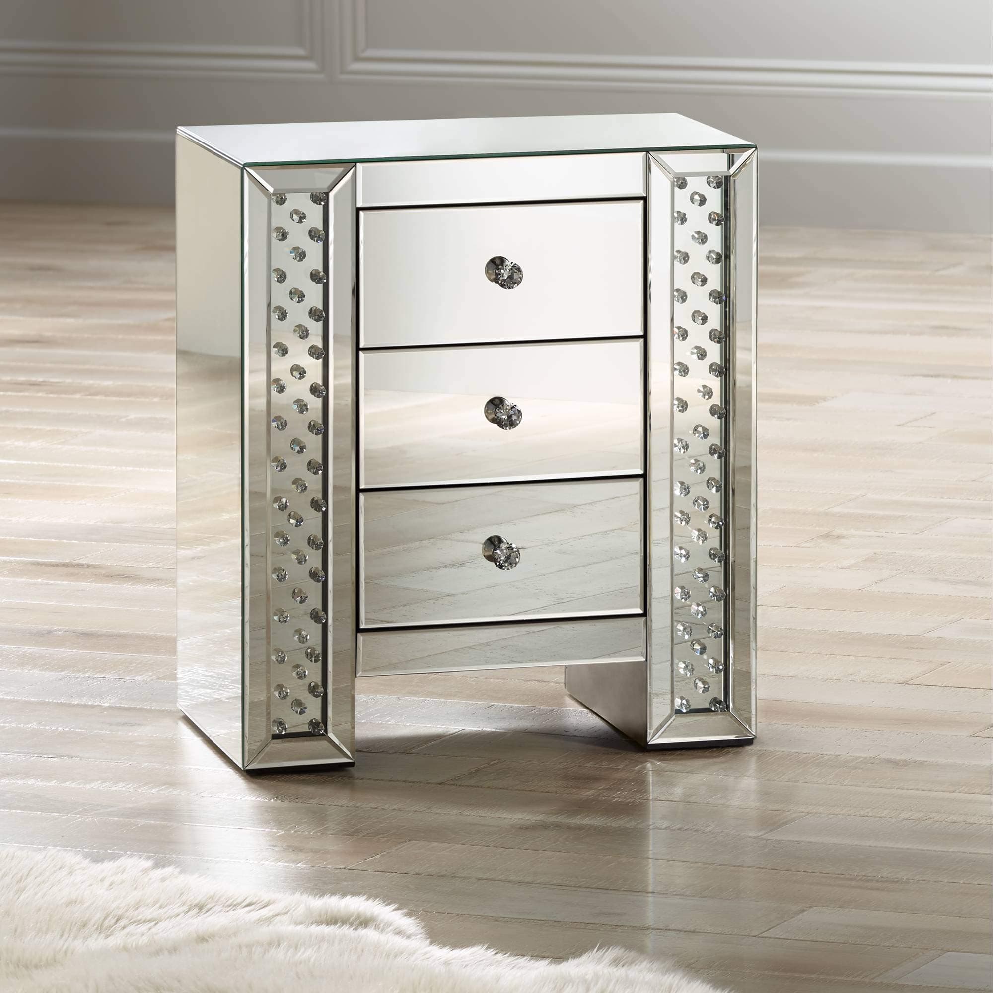 Studio 55D Fostoria Glam Luxury Mirrored Rectangular Accent Table 22 1/4" x 16" with Drawer Silver Crystal Decor for Spaces Living Room Bedroom Bedside Entryway House Home Office Bathroom