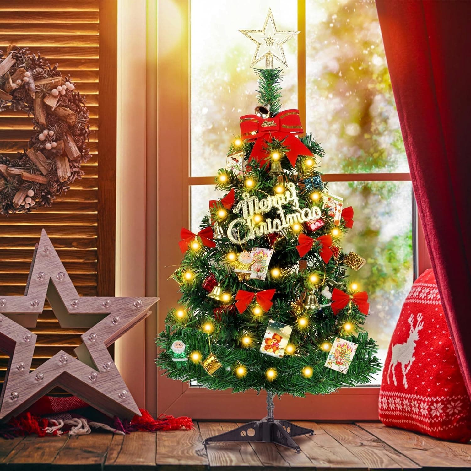 23Inch Tabletop Mini Christmas Tree Set with Warm LED Lights, Star Treetopper, Gift Boxes & Hanging Ornaments Bags for Christmas Decorations- Table Top Small Christmas Tree with Lights