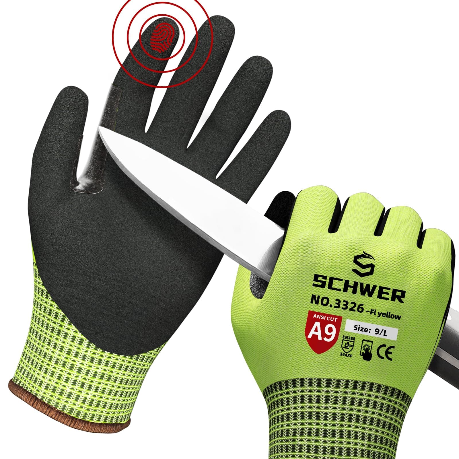Schwer ProGuard Highest Level Cut Resistant Work Gloves PR3326 for Extreme Protection, ANSI A9 Working Gloves with Sandy Nitrile Coated, Touch-screen, Durable, Washable, Yellow 1 Pair L