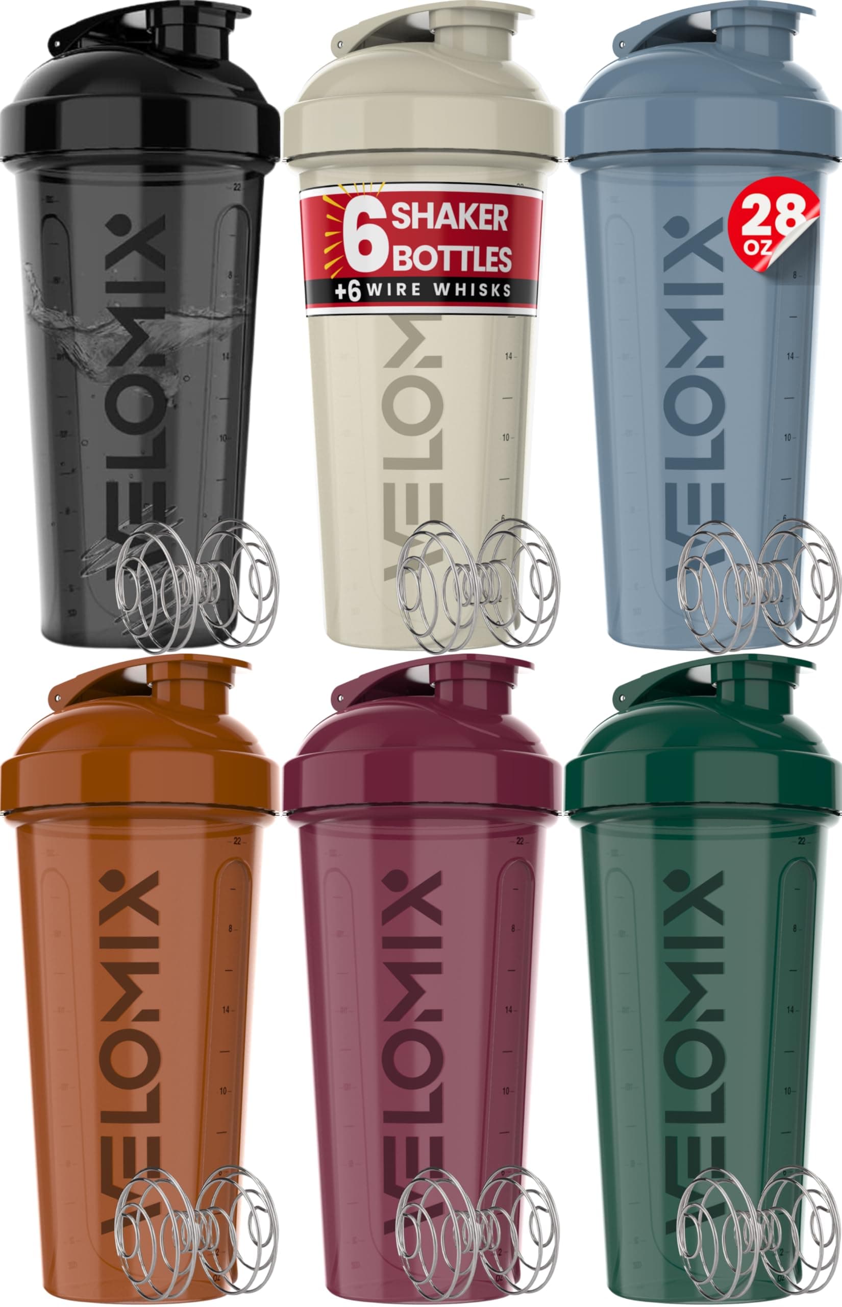 6 PACK- 28 oz Protein Shaker Bottle for Protein Mixes - 6x Wire Whisk | Leak Proof Shaker Cups for Protein Shakes | Protein Shaker Bottle Pack | Protein Shake Cup (Earth Tones Collection)
