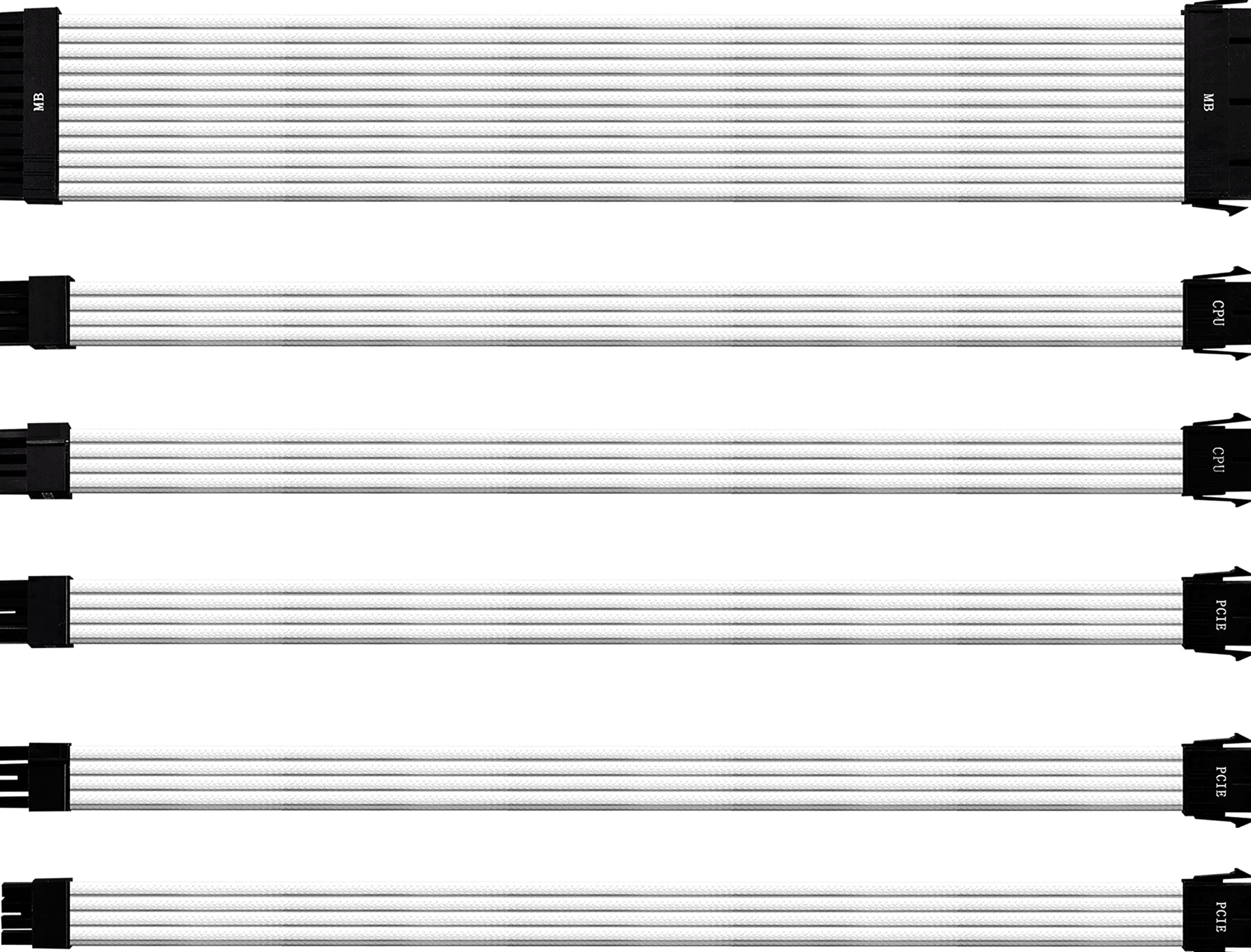 PVC PSU Extension Cable Kit - 16AWG with 3-Layer PVC Sleeving, ATX Compatible with Universal Connectors, 30 cm in Length, Supports High-End CPU & GPU System Power Supply Inputs - White