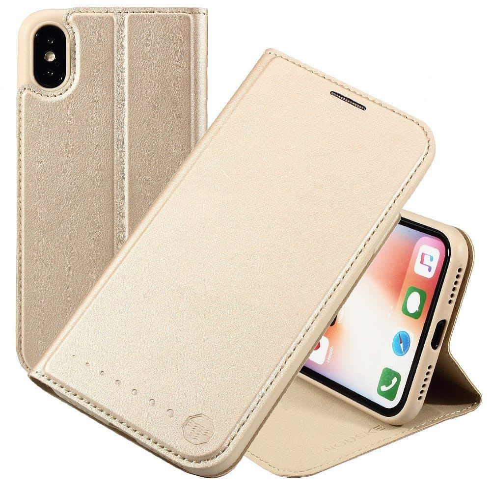 NOUSKE iPhone X/iPhone 10 Case Flip Folio Wallet Stand up Credit Card Holder Cover Holster/Magnetic Closure/TPU bumper/360 Full Body protection, Gold
