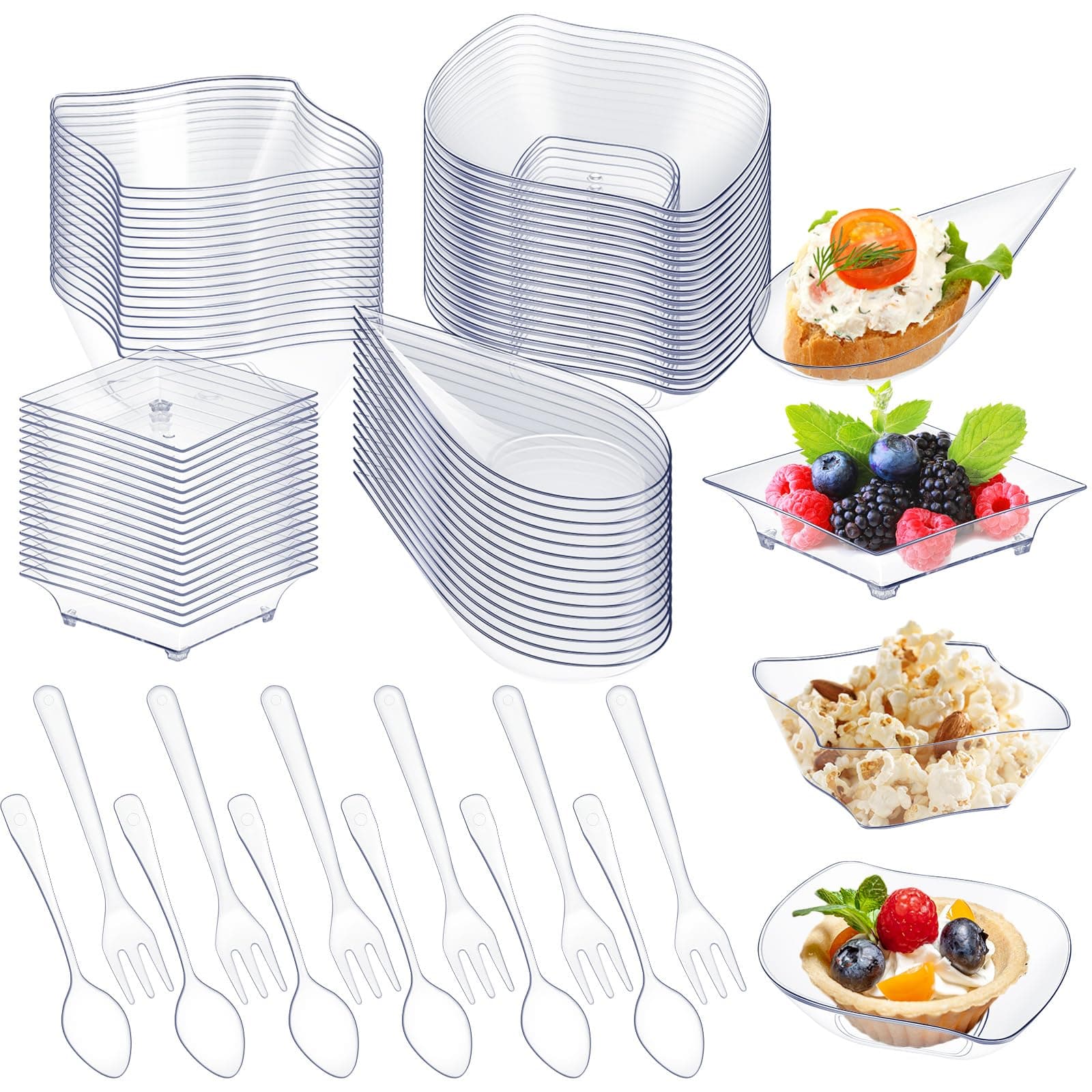 Tessco for you 200 Pcs Mini Appetizer Plates with Spoons Forks Disposable Mini Dessert Plates Plastic Appetizer Bowls Tiny Individual Serving Trays for Party (Classic Style,Clear)