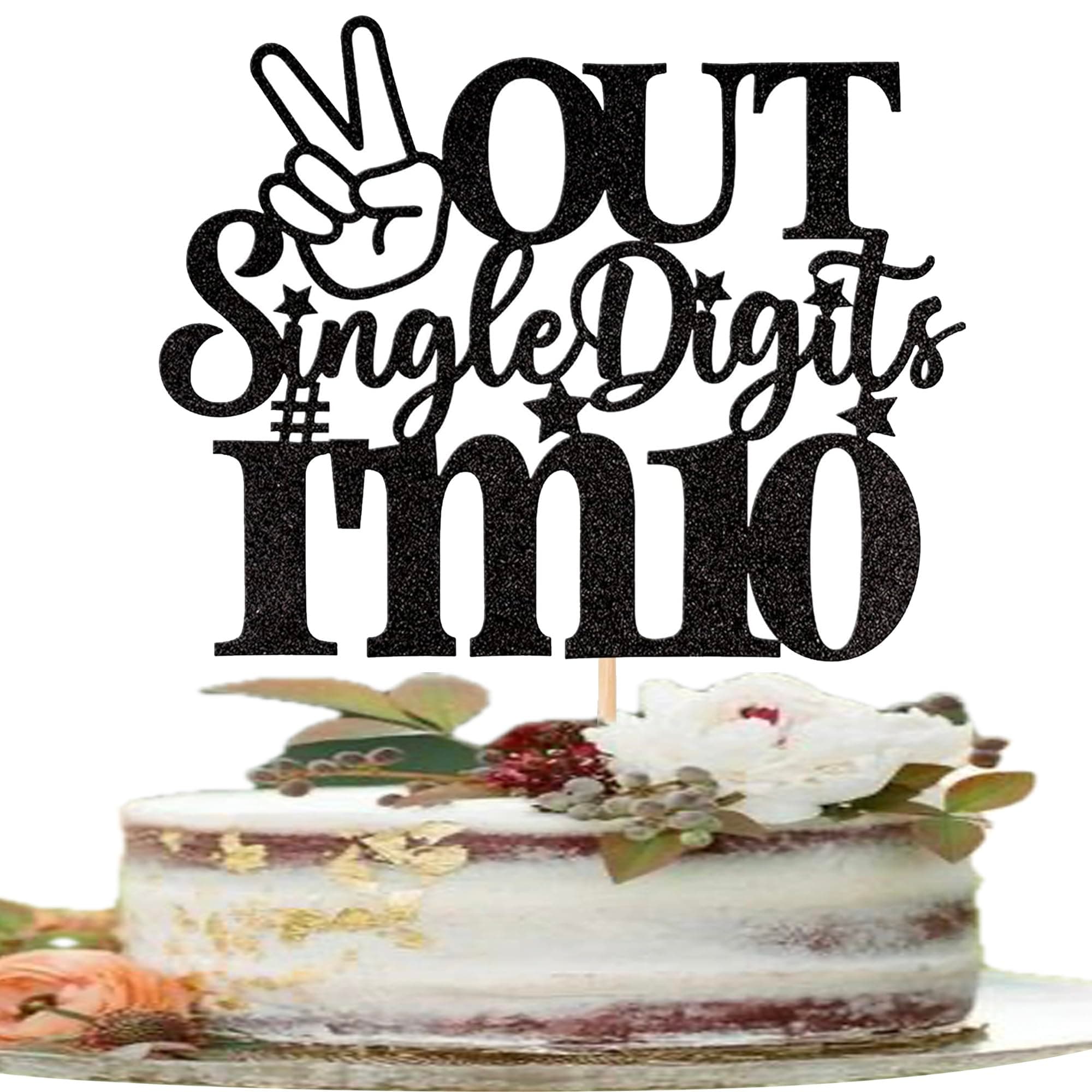 1 Pack Out Single Digits I'm 10 Cake Topper Glitter Double Digits 10 Cupcake Pick Cheers to 10 Years Old Ten Fabulous Cake Decorations for 10th Birthday Theme Party Supplies Black