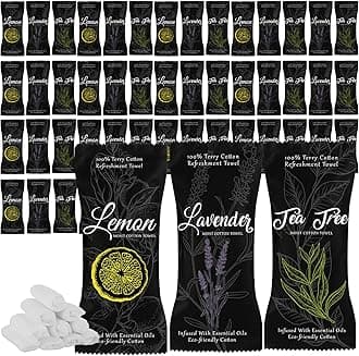 240 Pcs Moist Cotton Towel Moist Towelettes Individually Wrapped Scent Disposable Face Towel 8.6'' x 8.6'' Hot/Cold Moistened Cleansing Wipes, Lemon Tea Tree and Lavender Scent (Black)
