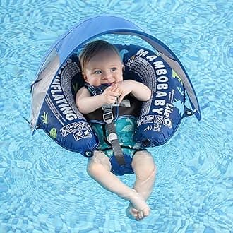 Mambobaby Baby Pool Floats with Canopy Pool Float Self-Inflating Compressible Folding Swimming Float Soft Skin-Friendly Fabric for Infant Toddler 3-24 Momths, Blue