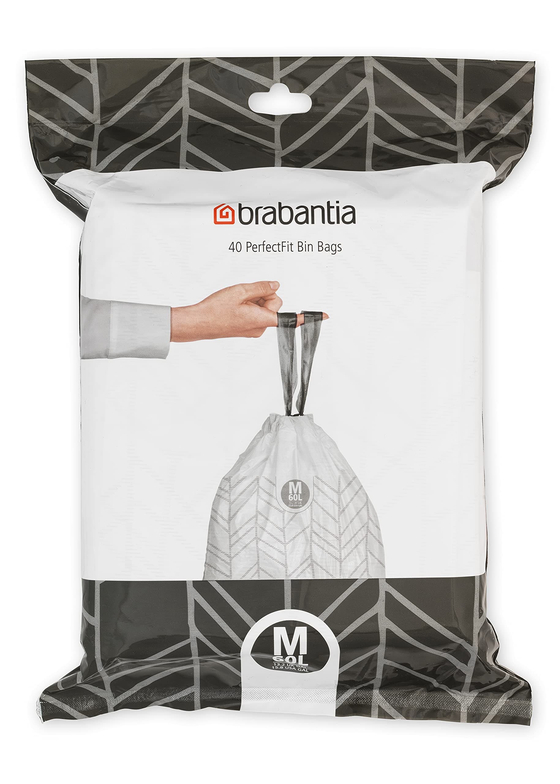 Brabantia 138829 PerfectFit Bin Liners (Size M/60 Litre) Thick Plastic Trash Bags with Tie Tape Drawstring Handles (40 Bags), White