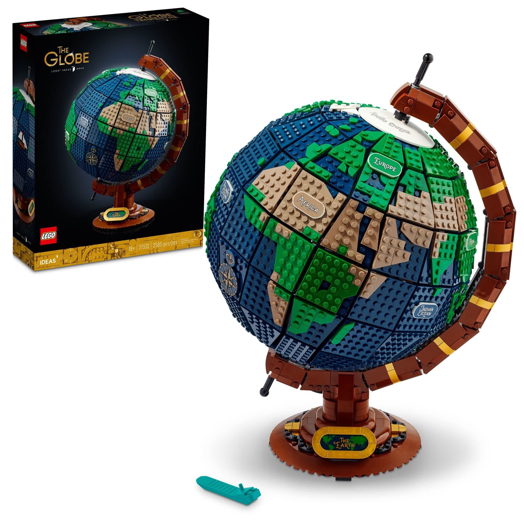 Ideas The Globe 21332 Building Set; Build-and-Display Model Adults; Vintage-Style Spinning Earth Globe; Home Decor Gift People w/a Passion Travel, Geography & Arts (2,585 Pieces), Multicolor
