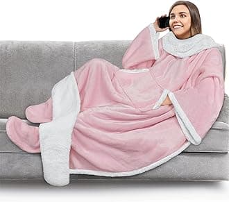 PAVILIA Sherpa Blanket with Sleeves and Foot Pocket for Women Men Adults, Fleece Wearable Blanket Sleeved Throw Wrap, Thick Hug Sleep Pod Snuggle Blanket Robe, Cozy Ideas Wife Mom, Pink