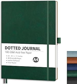 RETTACY Dotted Journal Notebook, 96 Pages, A4 Large Size (8.5'' x 11''), Leather Softcover, 100 GSM Thick Paper, for Journaling, Planning, Tracking (Dark Green)
