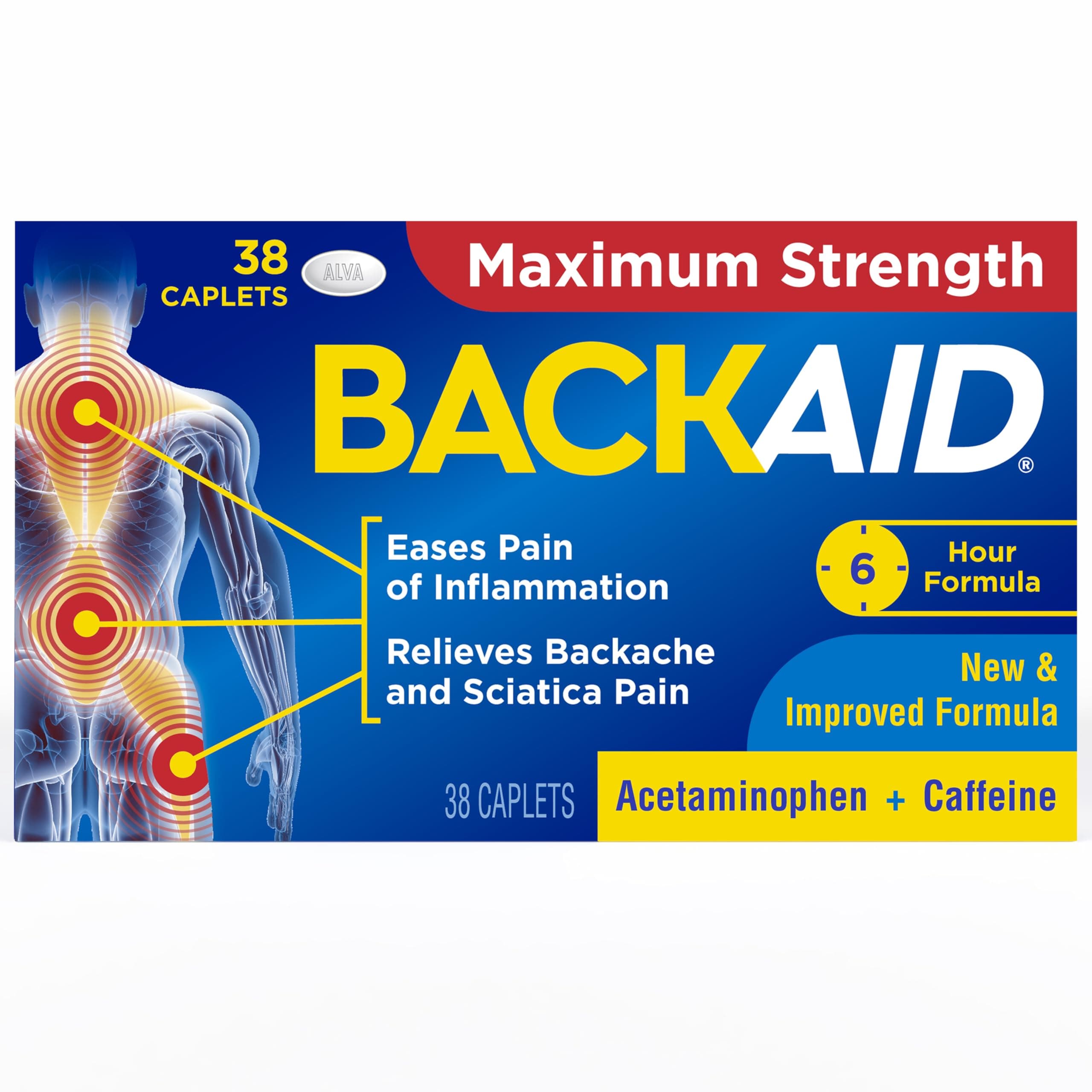 Maximum Strength Aspirin-Free Pain Relief from Backache, Sciatica and Leg Pain, Powerful Combination, Long-Lasting 6 Hour Formula, 38 Count