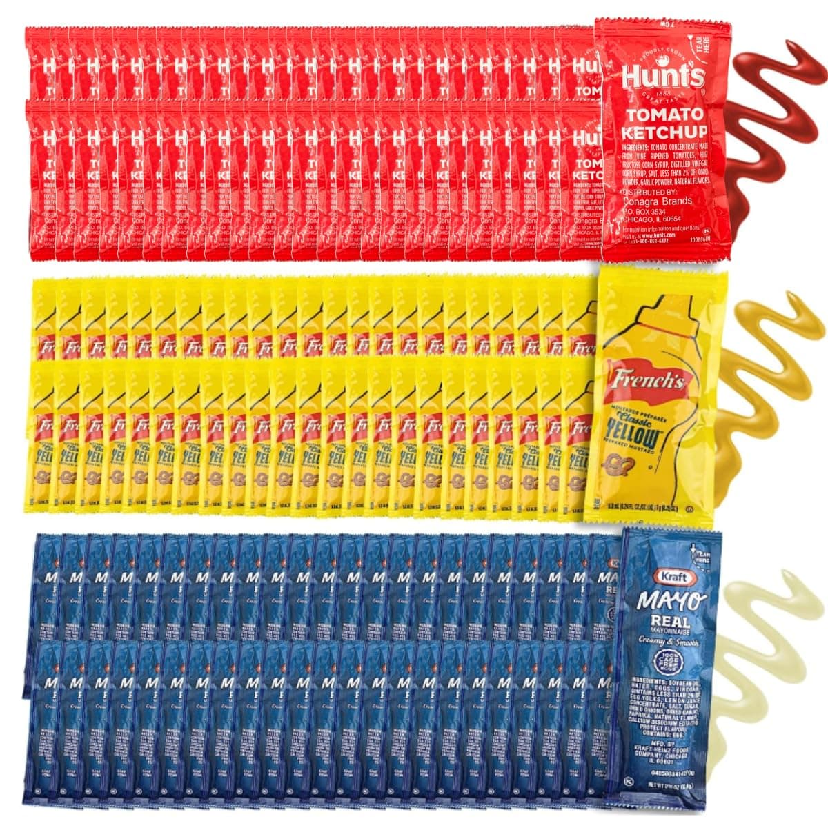 Chronos Condiment 150 assortment gift pack - 50 Single Serve Pouches of Each: Ketchup, Mustard, and Mayo - 150 Pack, Great for Picnics, Boxed Lunch, BBQ, Travel, and Parties