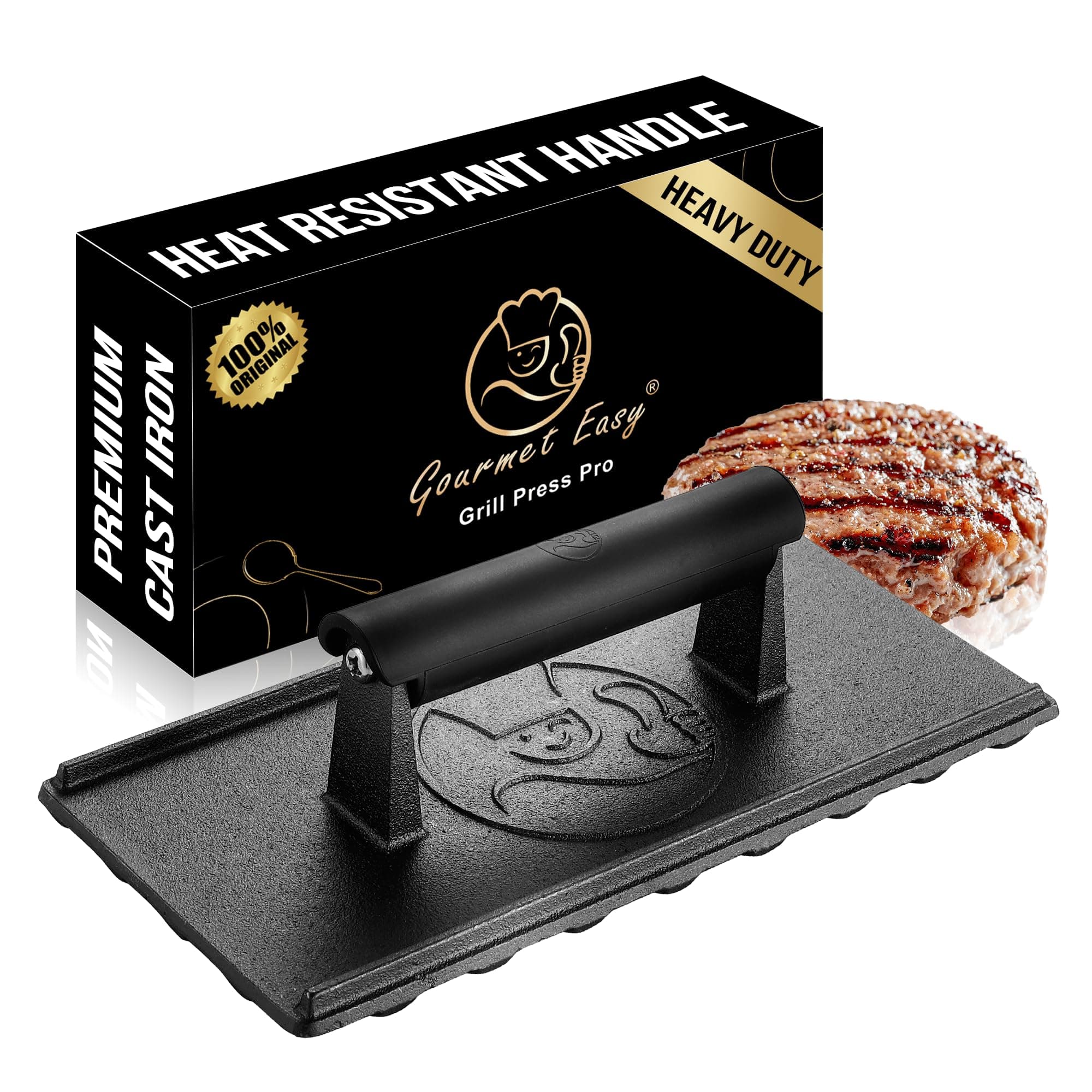 3lb Cast Iron Grill Press, Heavy Duty Smash Burger Press for Griddle Heat Resistant Handle, Burger Smasher, Hamburger Press, Grill Press for Griddle, Bacon Press Meat Press, BBQ Grill Accessories