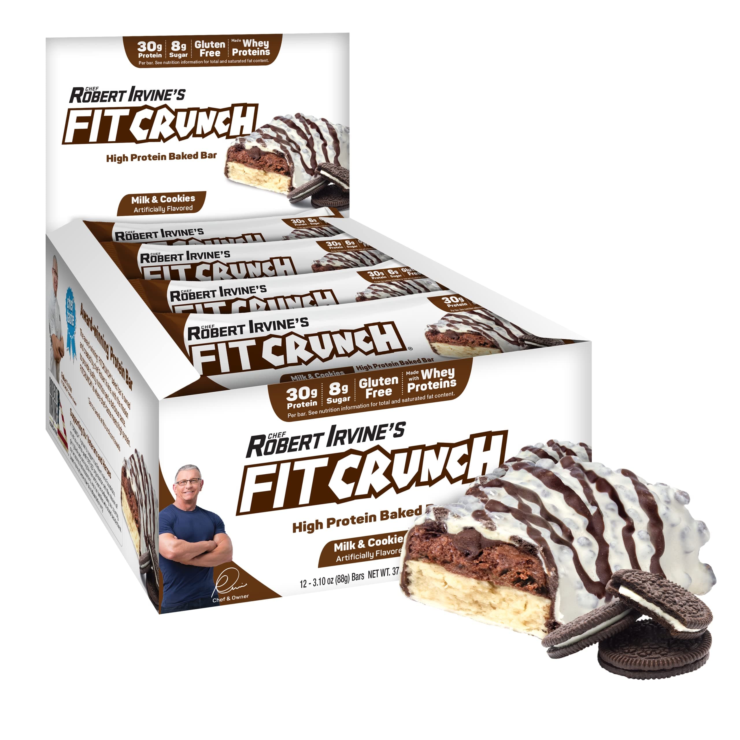 Protein Bars, Designed by Robert Irvine, Protein Bar, Gluten Free, Award Winning Taste, Whey Protein Isolate, Low Sugar (12 Count, Milk & Cookies)