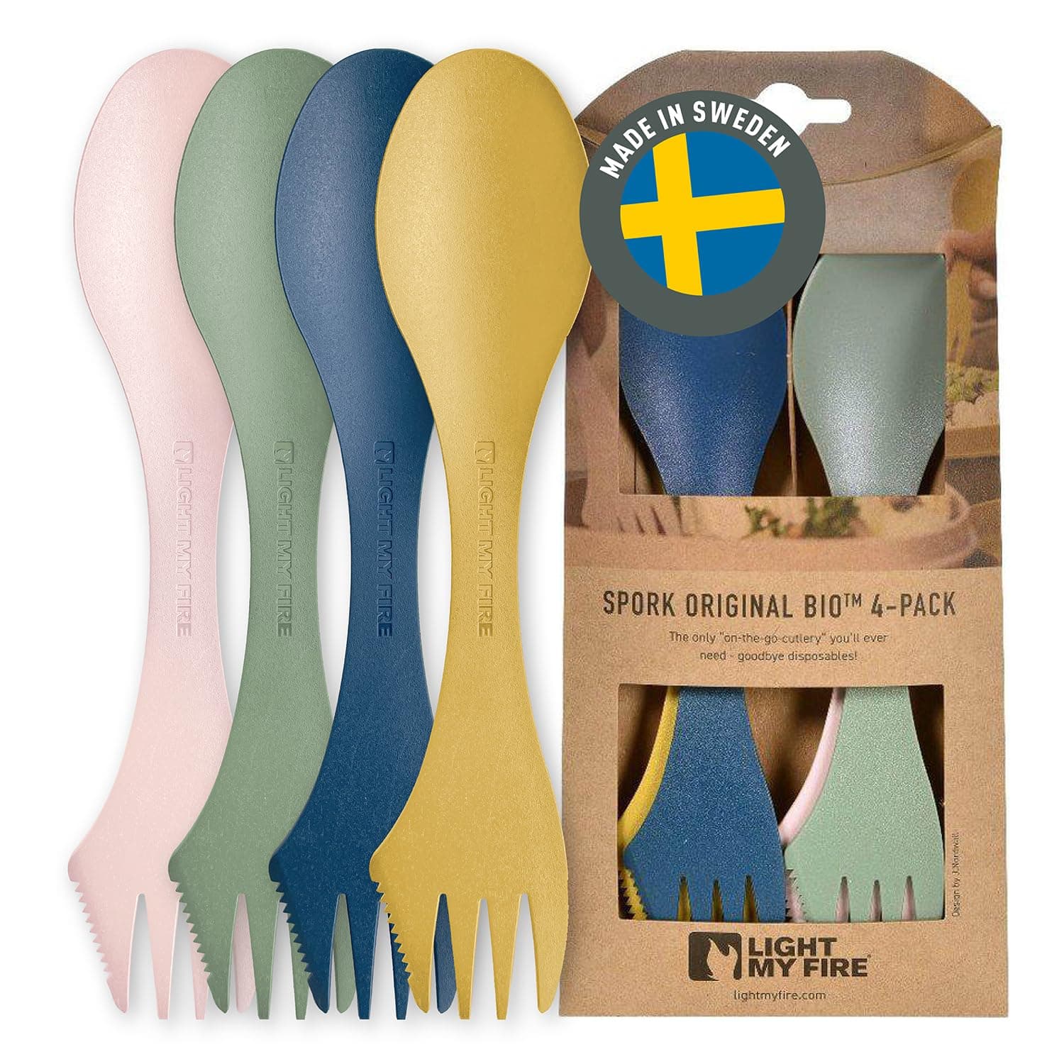 Light My Fire Spork Original 4-Pack 3-in-1 Camping Spoon Fork Knife Combo Reusable Travel & Camping Utensils Lunch Spork Outdoor Backpacking Hiking Picnic Utensil BPA Free, Nature