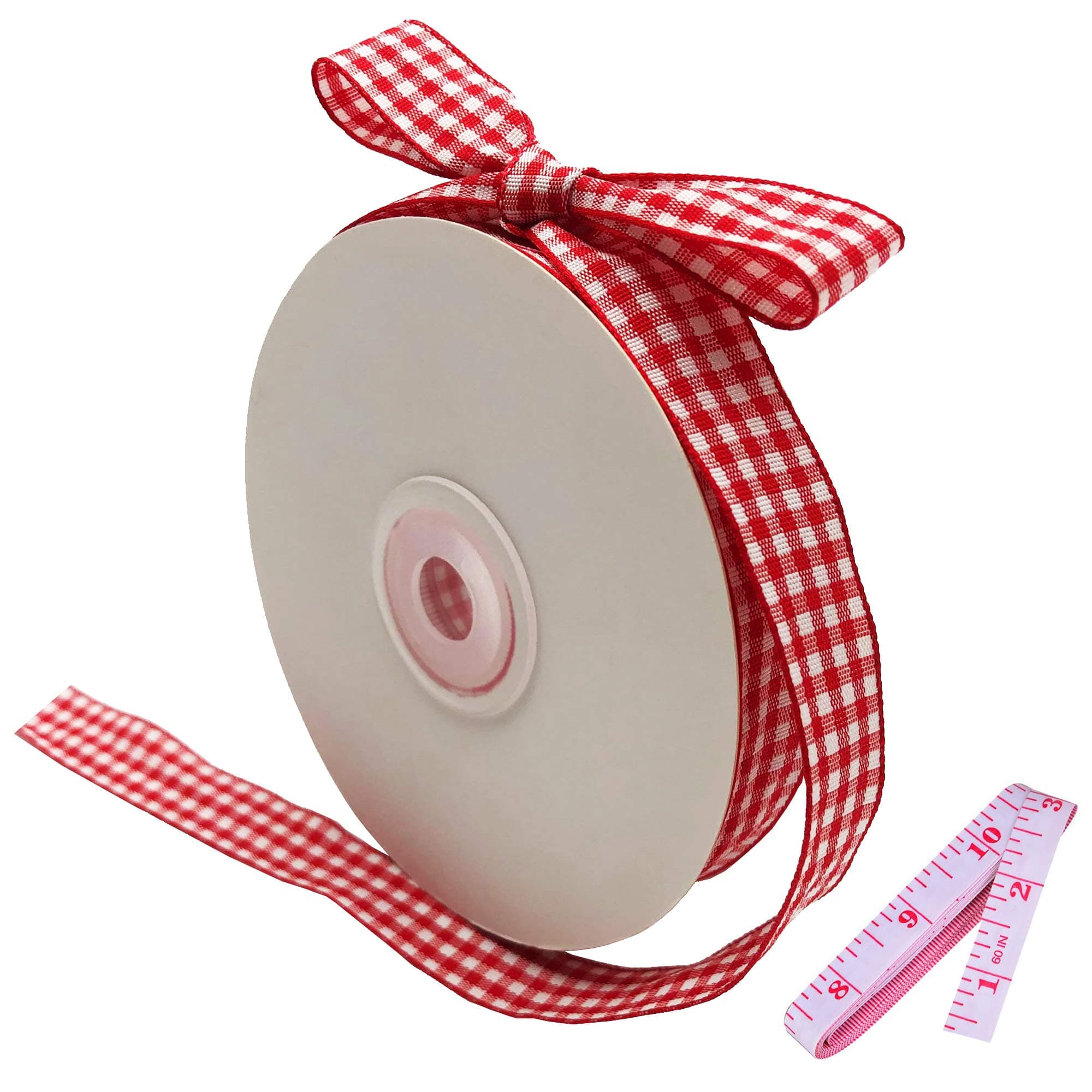 Red and White Gingham Ribbon, 5/8" x 25Yd Roll Picnic Craft Red Buffalo Ribbon for Crafts Hair Accessories and Christmas Gift Wrapping,5/8 Inch Polyester Woven Edge +60" Tape Measurement