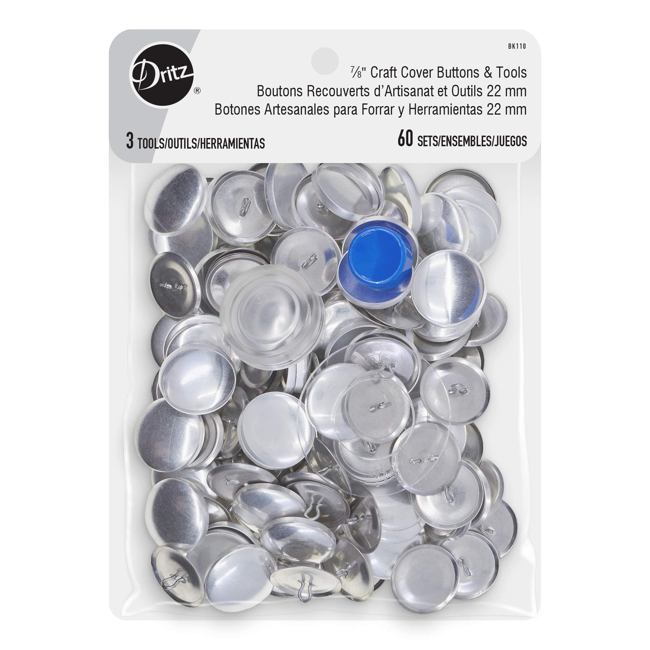Dritz Cover Button Kit Size 36 Includes Template, Tools & Buttons Fasteners, 7/8", 60ct, None, Nickel