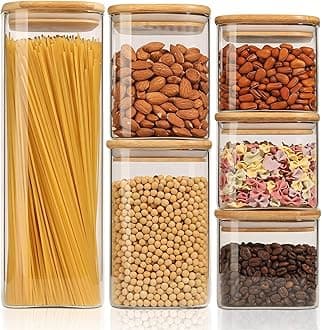 ComSaf Airtight Glass Storage Canister with Wood Lid (50oz), Clear Food Storage Container Jar with Sealing Bamboo Lid (20oz*3/30oz/37oz/74oz)