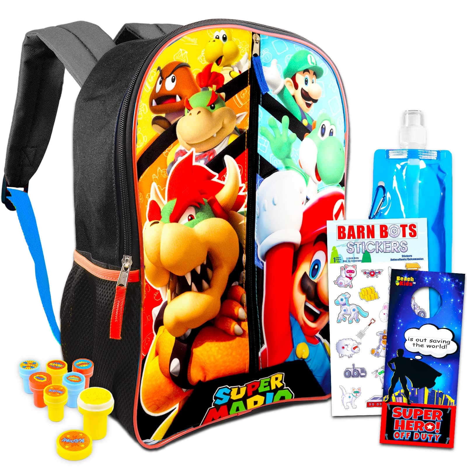 SUPER MARIOBackpack for Kids - 16" Mario and Luigi Backpack Bundle with Over 300 Mario Stickers, Superhero Stampers, and More (Super Mario Backpack for Boys)