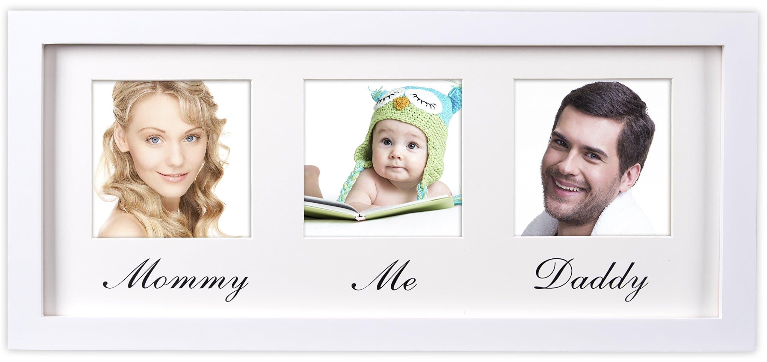 Mommy Daddy Me Frame, White — Solid Wooden Wall Hanging Picture Frame — Fits Standard 4x6” Photos - First Time Parents' Gift