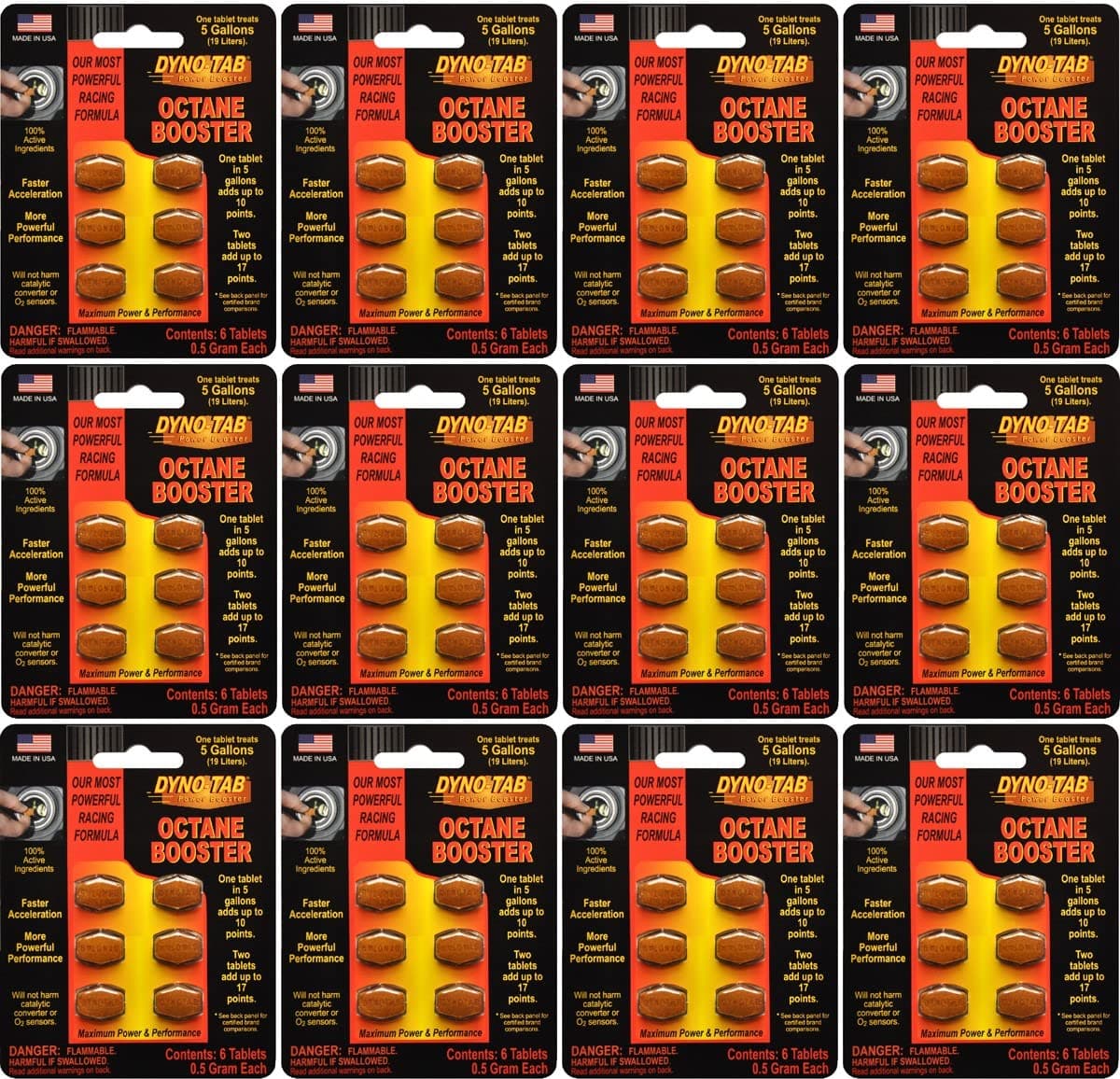 Dyno-tab Octane Booster 6-Tab Card, 12-Pack ($4.89 per Card), Each Pack Adds Up to 17 Points, Lab Tested, Fast-Dissolving, 100% Active Ingredients - NO Solvents, Treats 16 gal/60 Liters, 45456-12pk