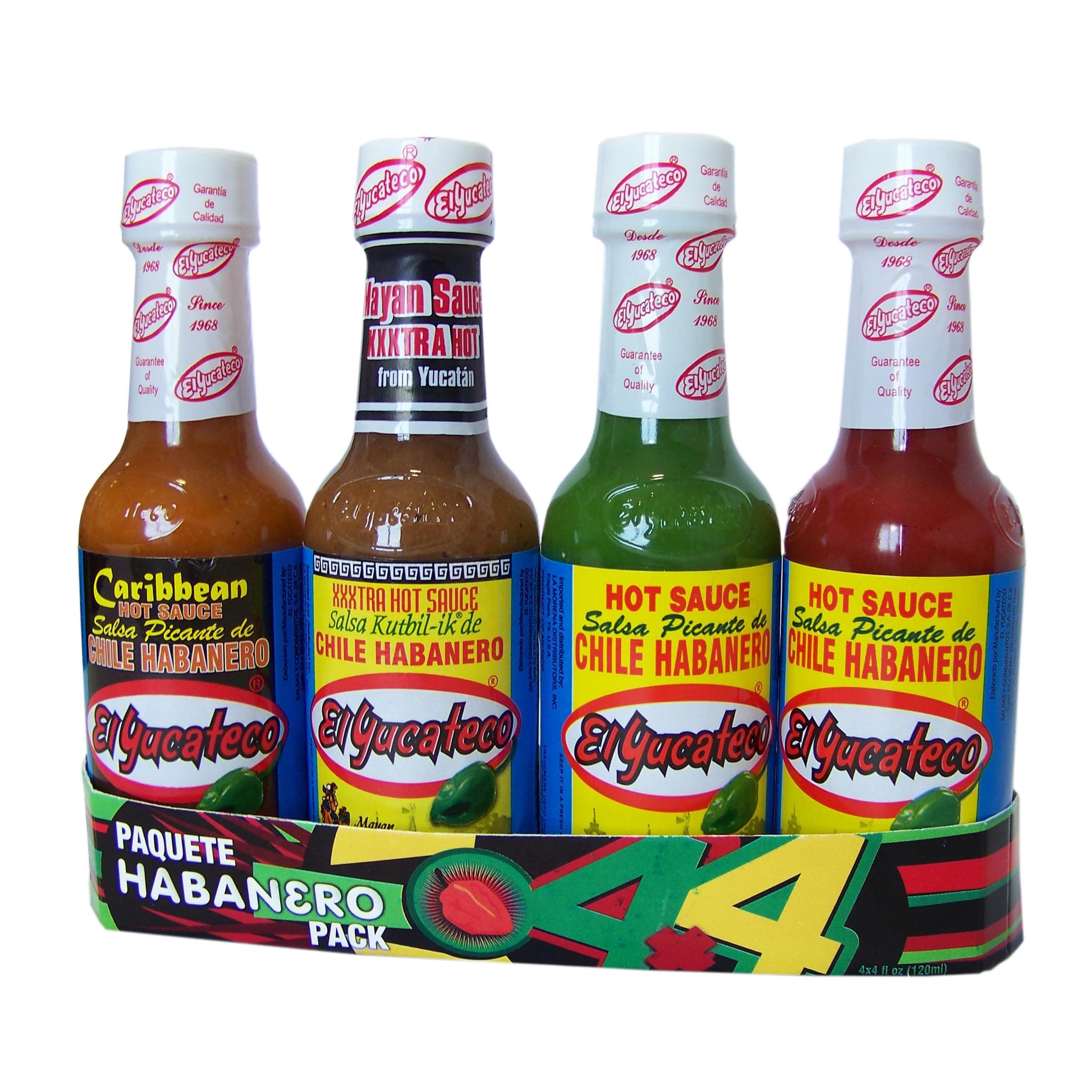 4 Pack Hot Sauce Bundle, 1 Red Sauce, 1 Green Sauce, 1 Xtra Hot Sauce, 1 Carribbean Hot Sauce
