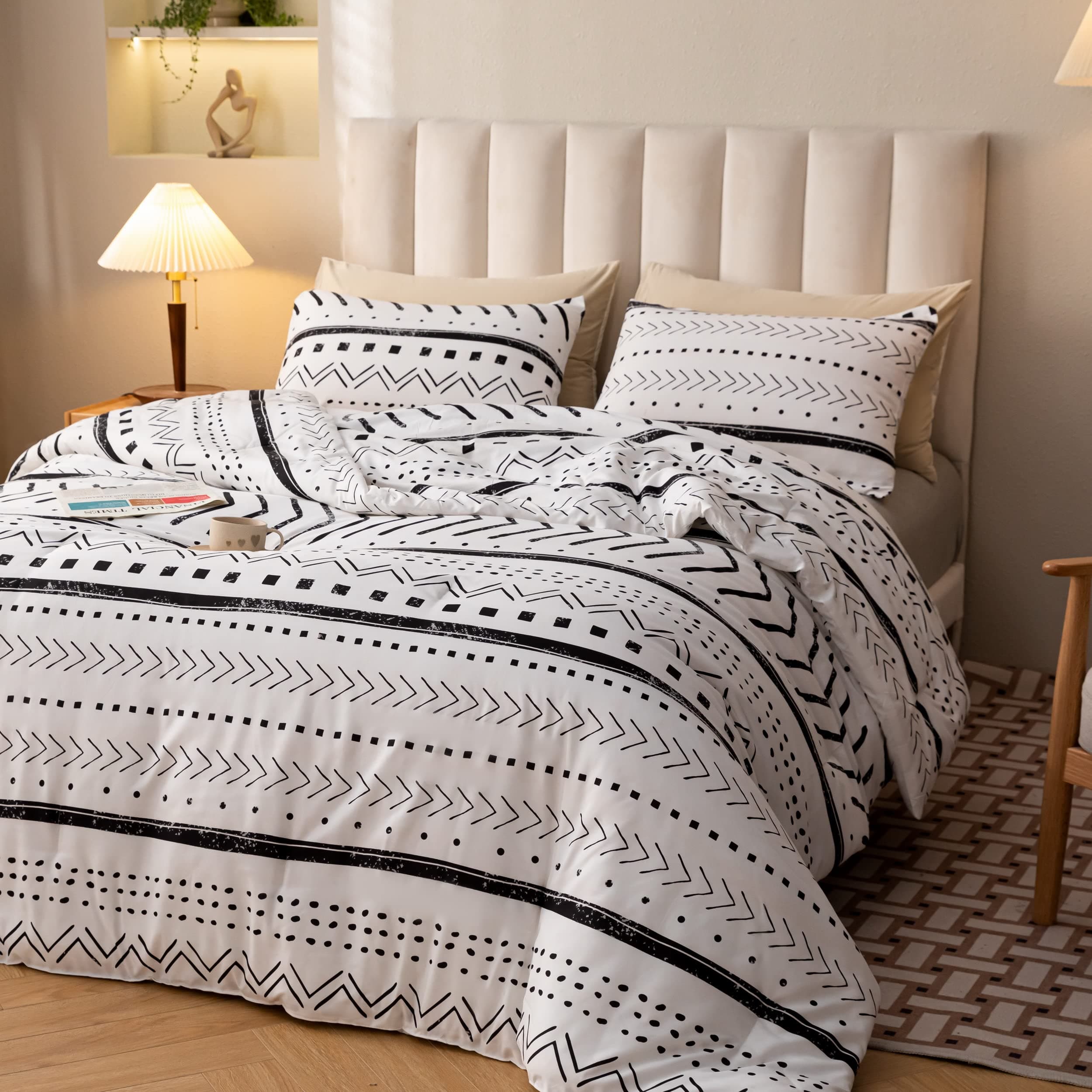Smoofy Aztec White King Size Comforter Set, Folkloric Art Pattern Bedding Sets King Boho Aztec Bohemian King Comforter Set with Soft Microfiber Fill Bedding, 1 Comforter 2 Pillowcases