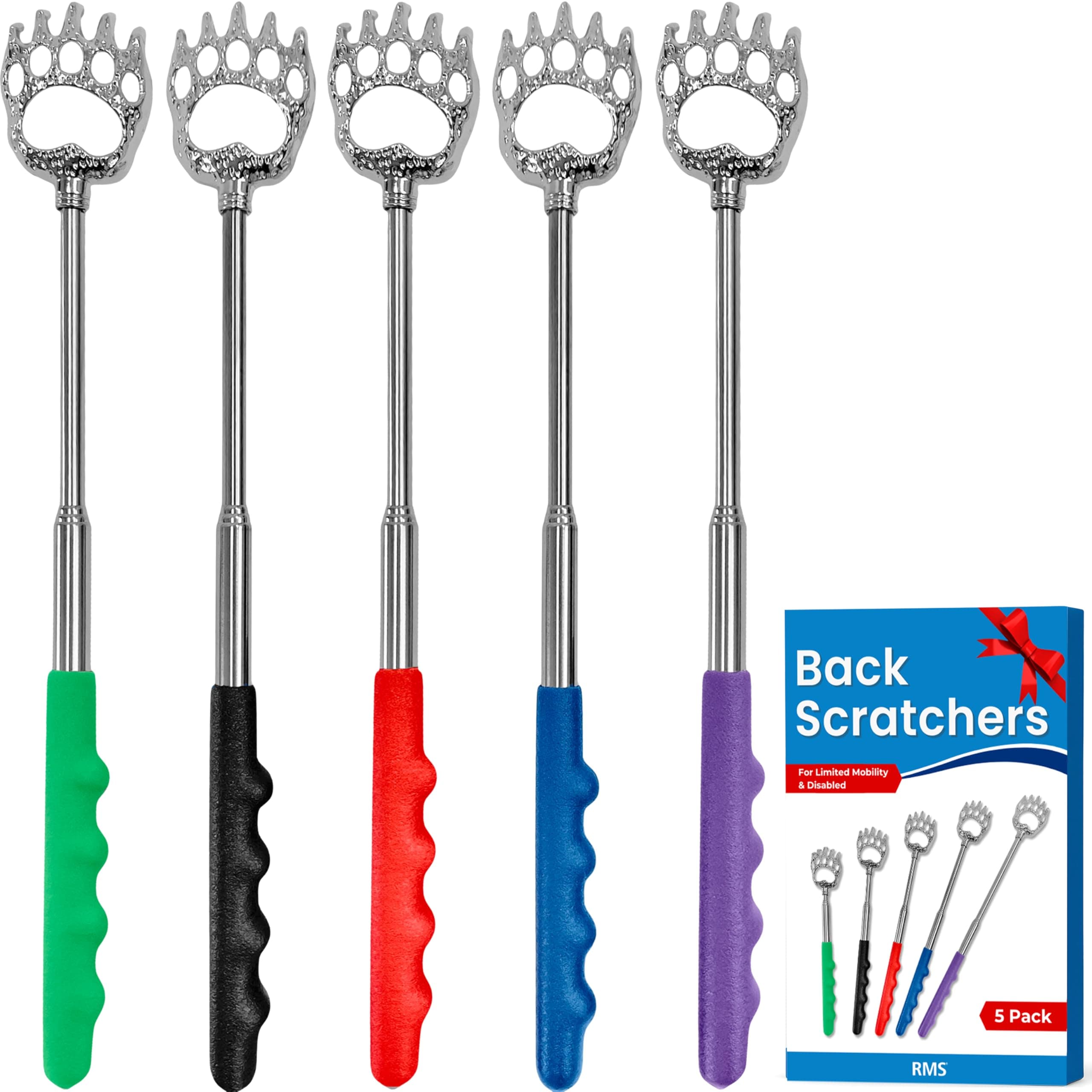 RMS 5 Pack Telescoping Back Scratcher - Extendable Telescope Back Scratchers - Bear Claw Metal Telescopic Backscratcher Eliminating Back Itching in Black, Blue, Green, Purple, Red Color