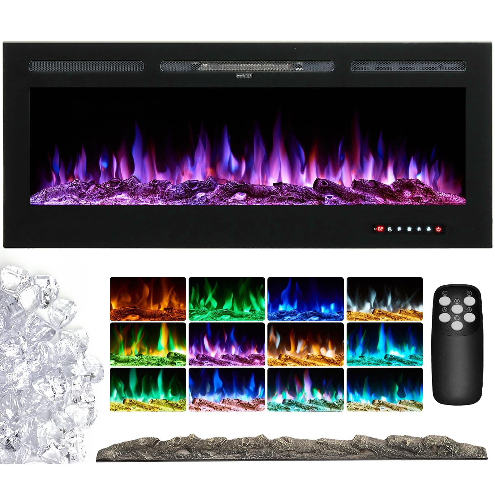 INMOZATA Electric Fire Wall Mounted Recessed Insert 40 50 60 70 80 inch Electric Fireplace with Touch Remote Control 12 LED Color Flame Effect Electric Fire Heater, Crystal and Log Set
