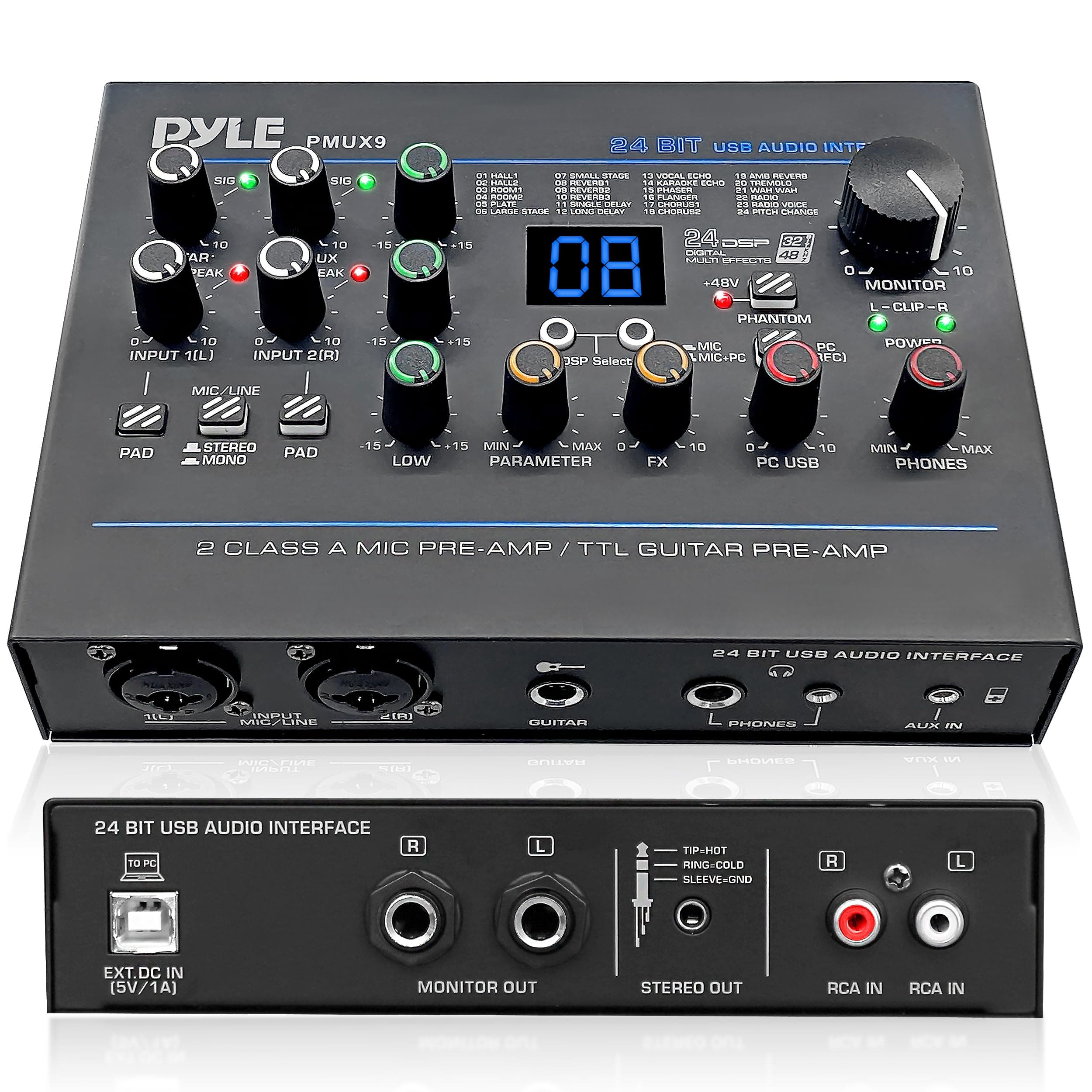 Professional USB Audio Interface with MIC/LINE, Guitar, AUX Stereo and RCA Inputs, Phone/Stereo/Monitor Outputs, Ideal for Computer Playing & Recording, Preset 24 Digital Effects - PMUX9