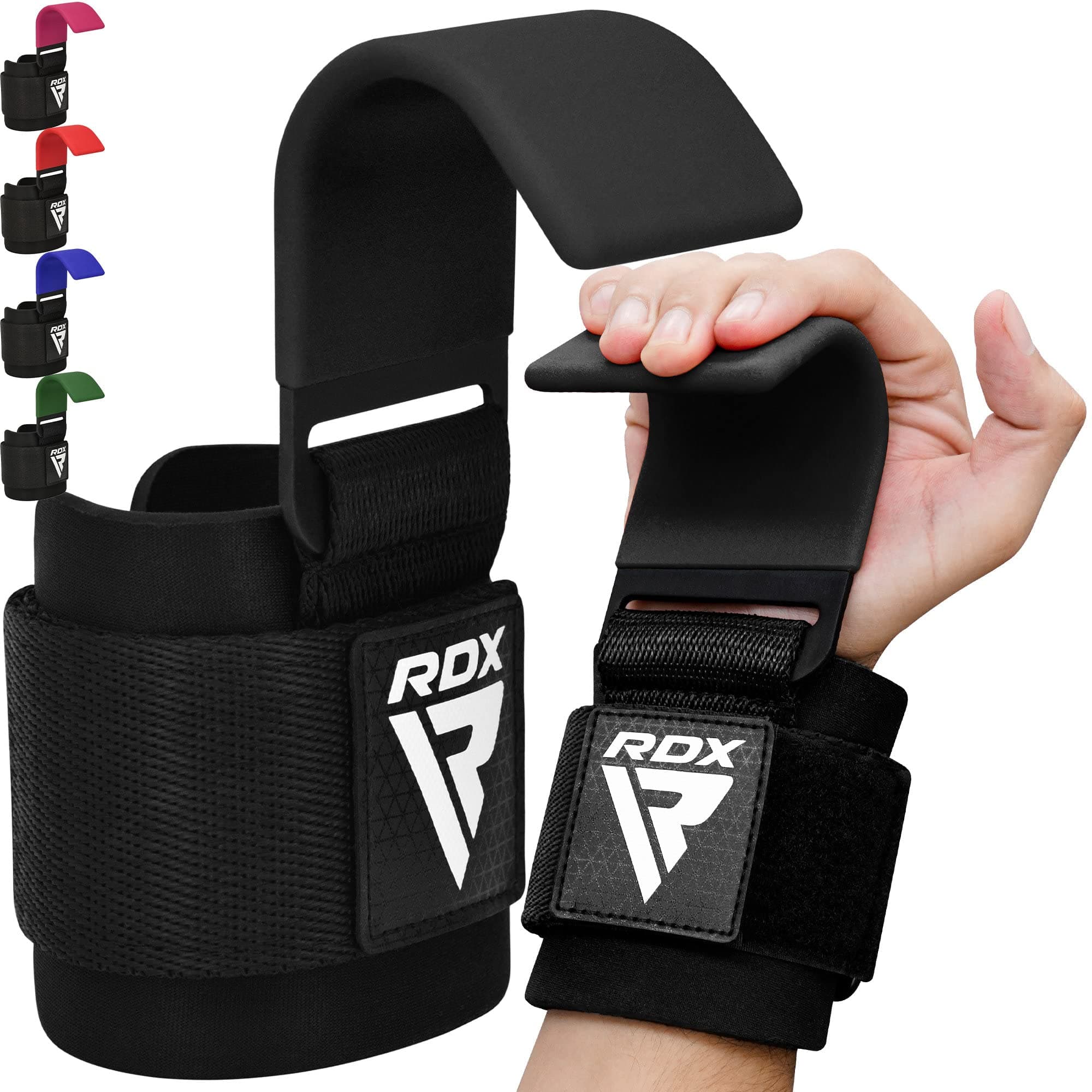 RDX Weight Lifting Hooks for Deadlifting (Pair) - 600Lbs Capacity - 8MM Neoprene Wrist Support Wraps - Grip Enhancer for Pull Ups Lat Pulldowns Rows - Adjustable Gym Workout Power Straps for Men Women